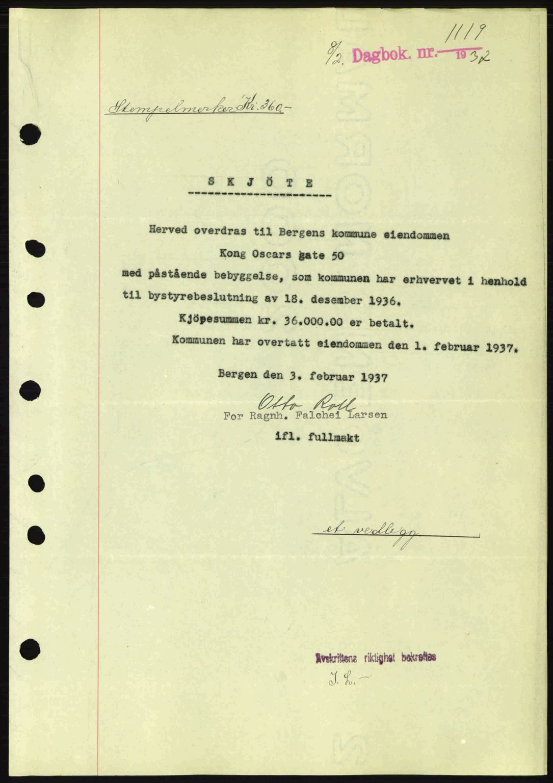 Byfogd og Byskriver i Bergen, SAB/A-3401/03/03Bc/L0004: Mortgage book no. A3-4, 1936-1937, Diary no: : 1119/1937