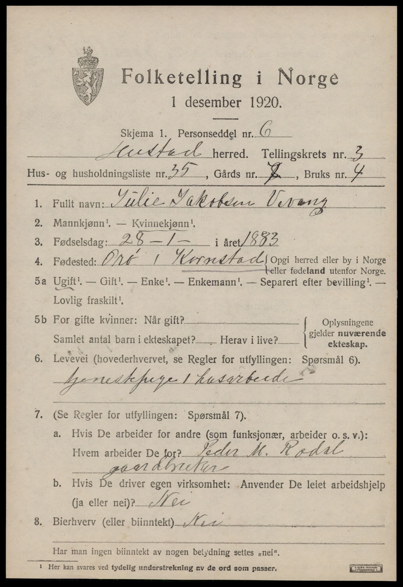 SAT, 1920 census for Hustad, 1920, p. 2933