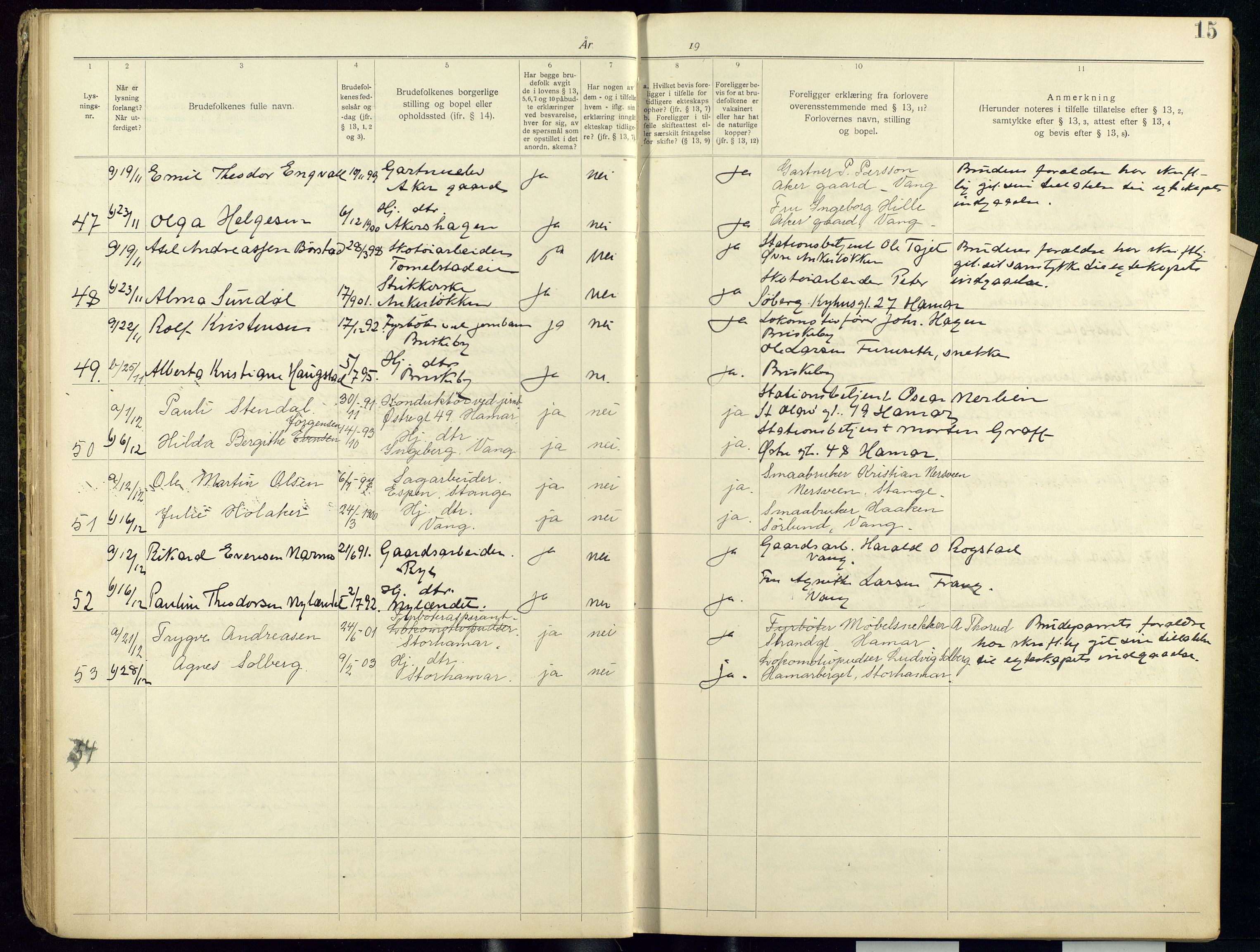 Vang prestekontor, Hedmark, AV/SAH-PREST-008/I/Ie/L0001/0001: Banns register no. 1, 1919-1938, p. 15