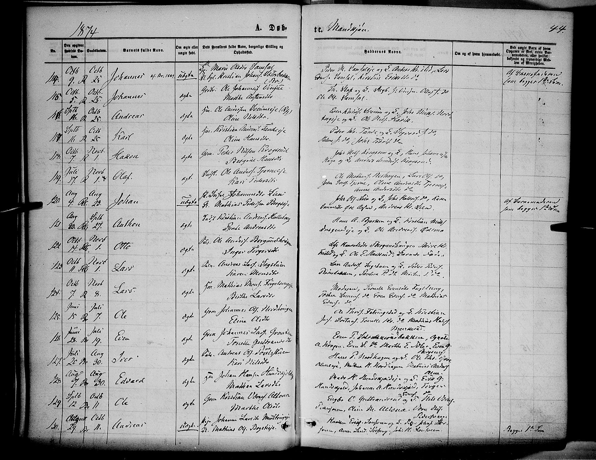 Ringsaker prestekontor, AV/SAH-PREST-014/K/Ka/L0011: Parish register (official) no. 11, 1870-1878, p. 44