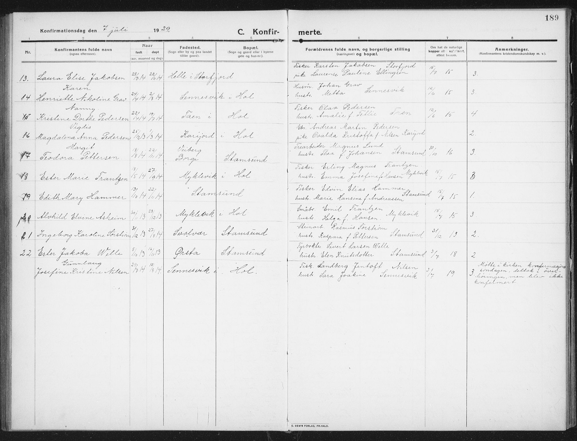 Ministerialprotokoller, klokkerbøker og fødselsregistre - Nordland, AV/SAT-A-1459/882/L1183: Parish register (copy) no. 882C01, 1911-1938, p. 189