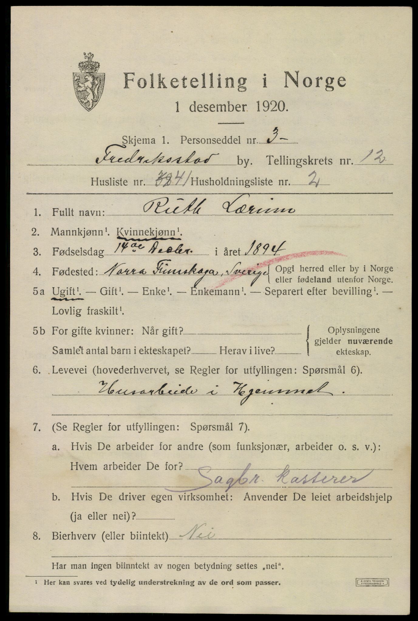 SAO, 1920 census for Fredrikstad, 1920, p. 31185