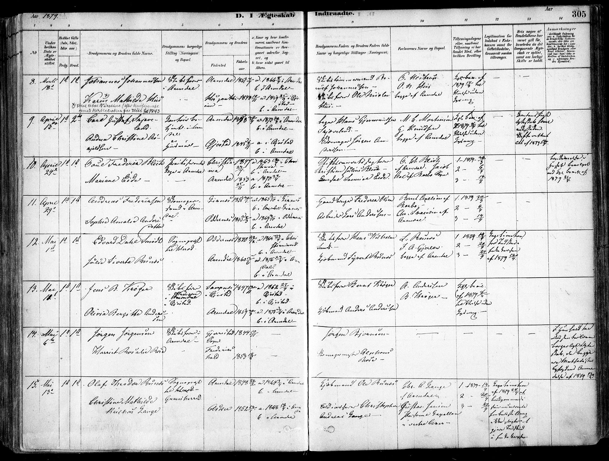 Arendal sokneprestkontor, Trefoldighet, SAK/1111-0040/F/Fa/L0008: Parish register (official) no. A 8, 1878-1899, p. 305