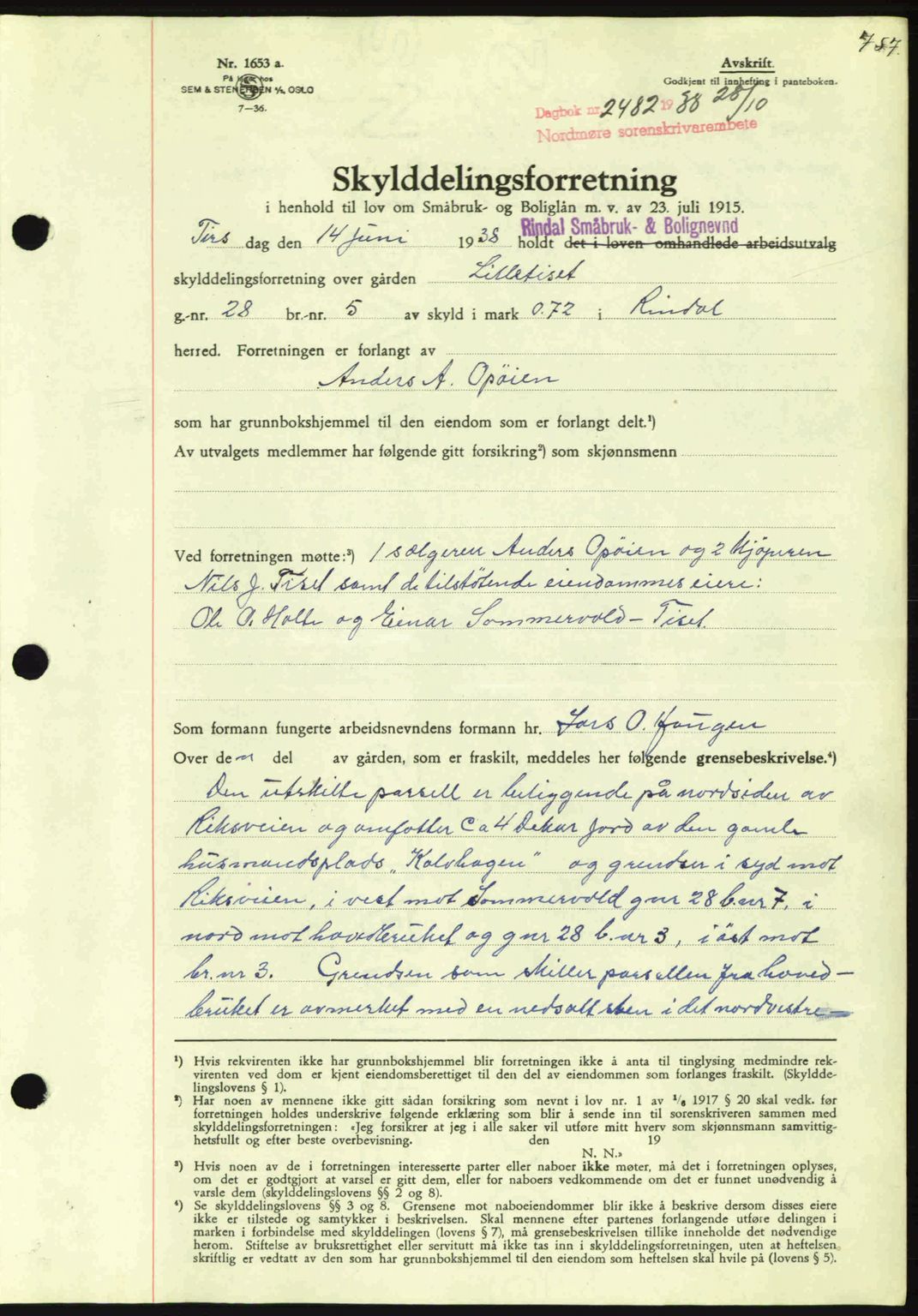 Nordmøre sorenskriveri, SAT/A-4132/1/2/2Ca: Mortgage book no. A84, 1938-1938, Diary no: : 2482/1938