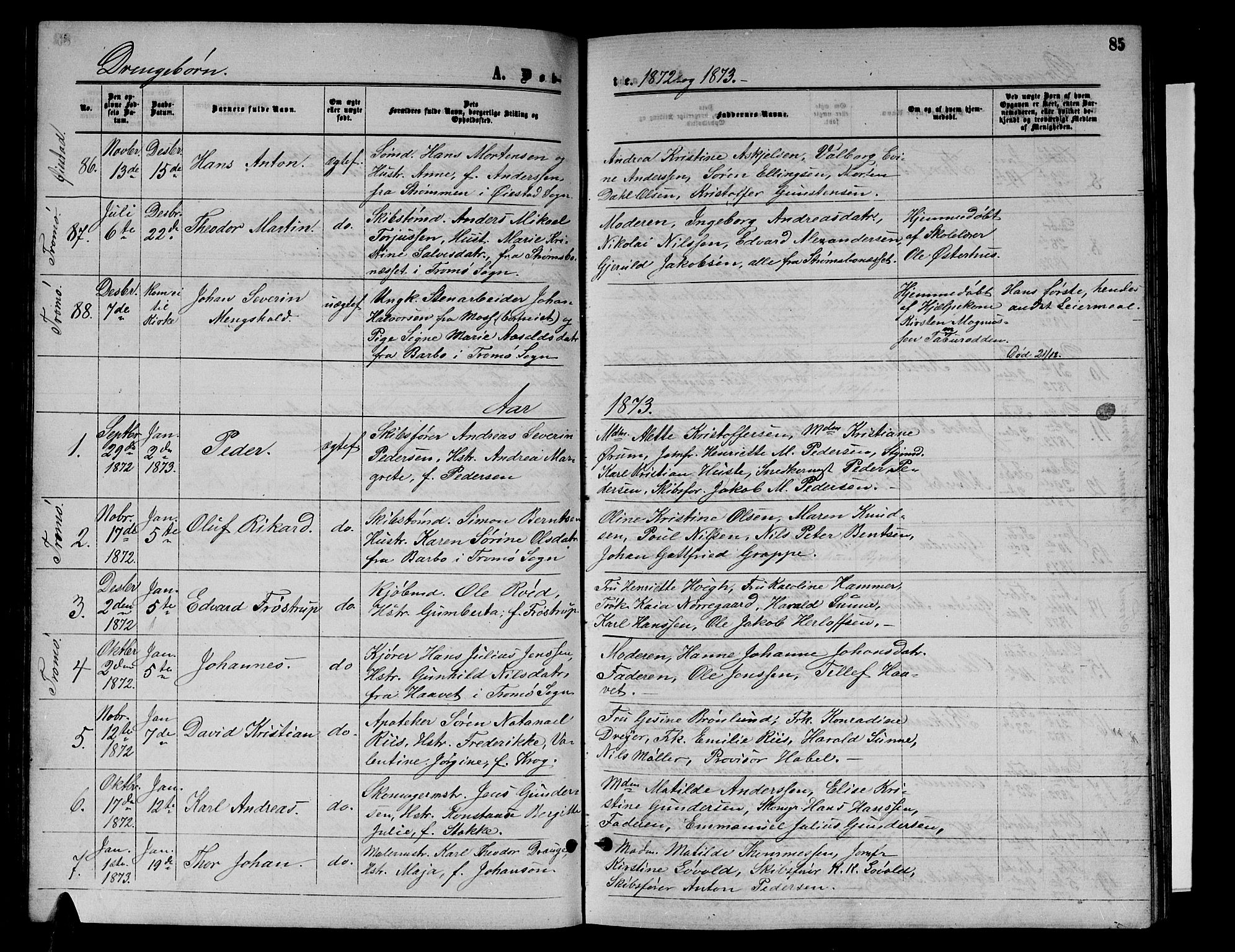 Arendal sokneprestkontor, Trefoldighet, SAK/1111-0040/F/Fb/L0004: Parish register (copy) no. B 4, 1861-1873, p. 85