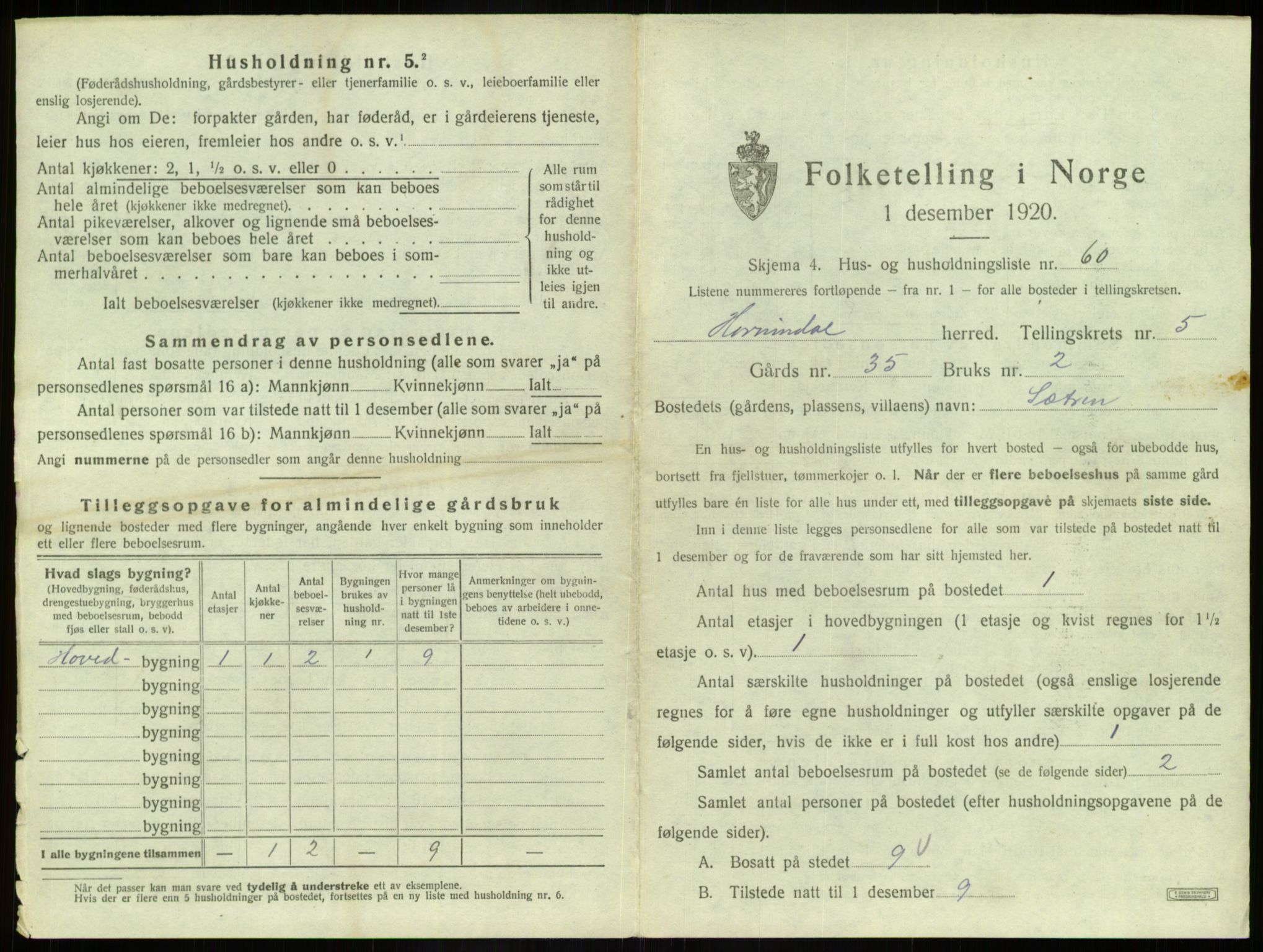 SAB, 1920 census for Hornindal, 1920, p. 425