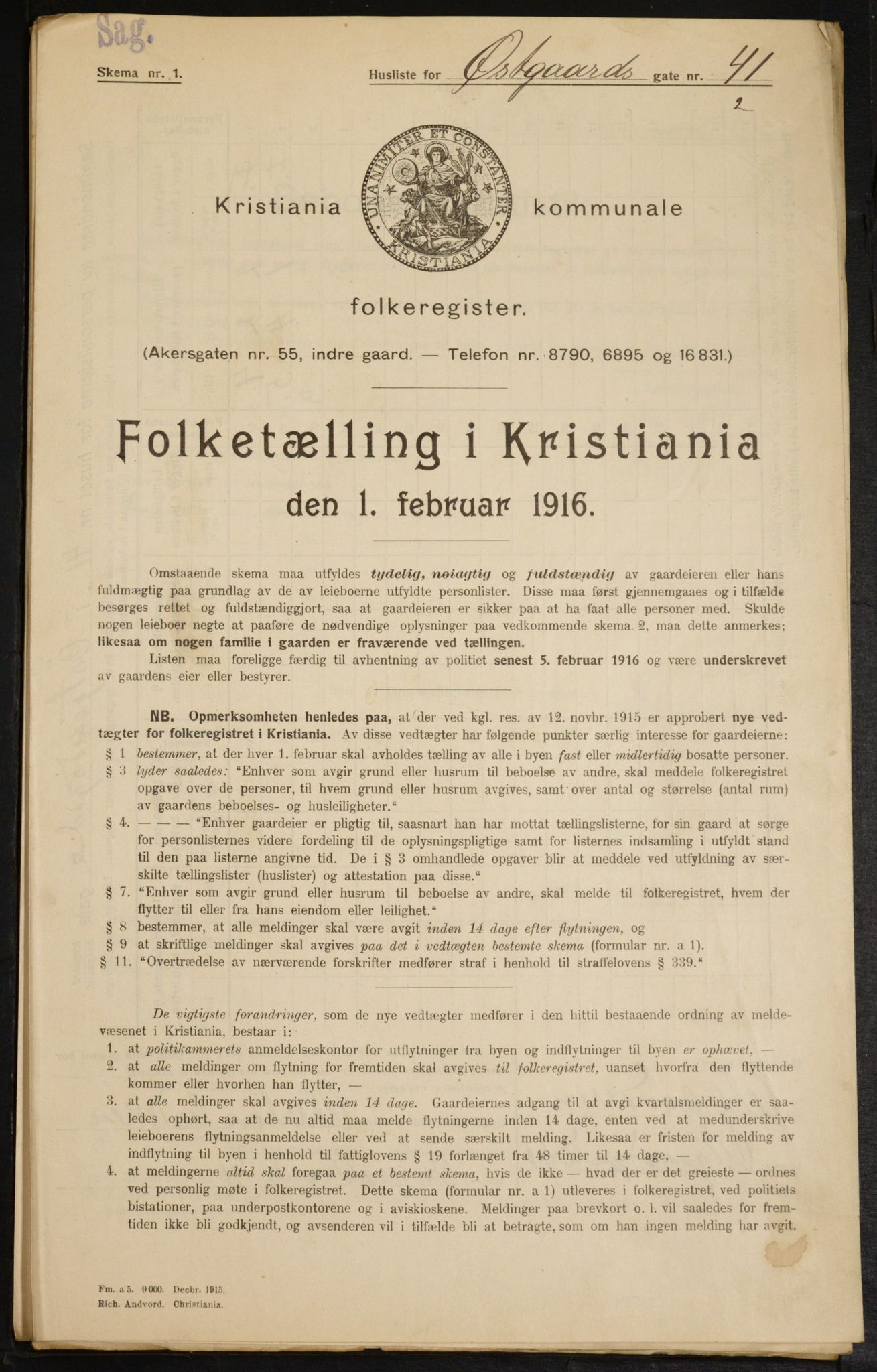 OBA, Municipal Census 1916 for Kristiania, 1916, p. 133069