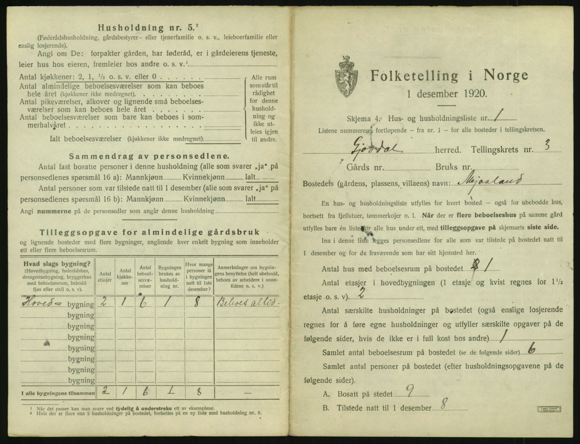 SAK, 1920 census for Gjøvdal, 1920, p. 188