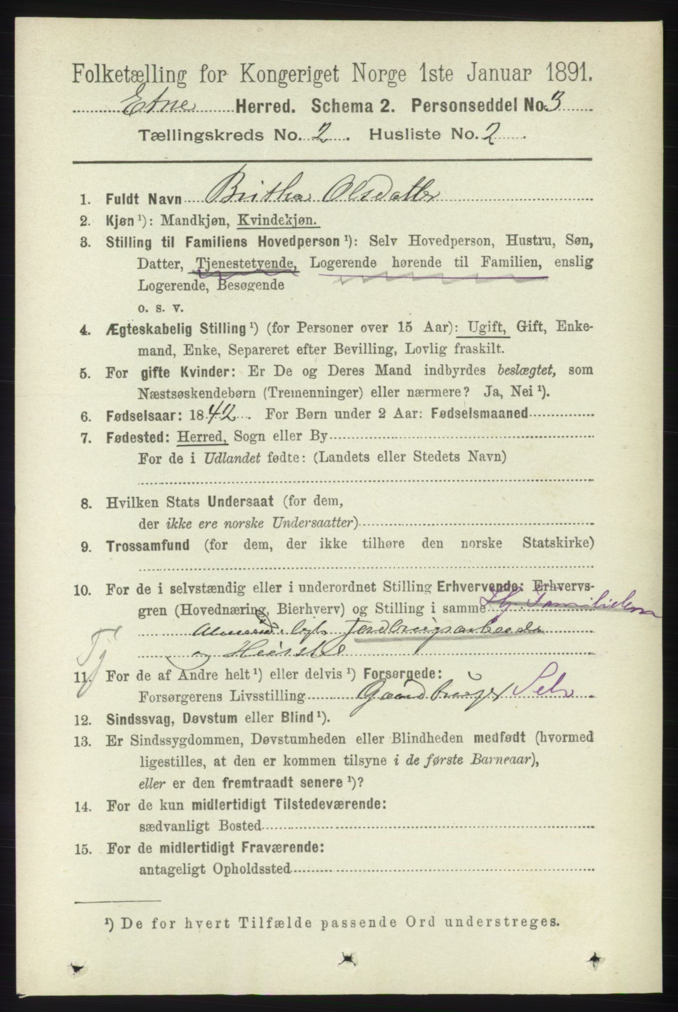 RA, 1891 census for 1211 Etne, 1891, p. 341