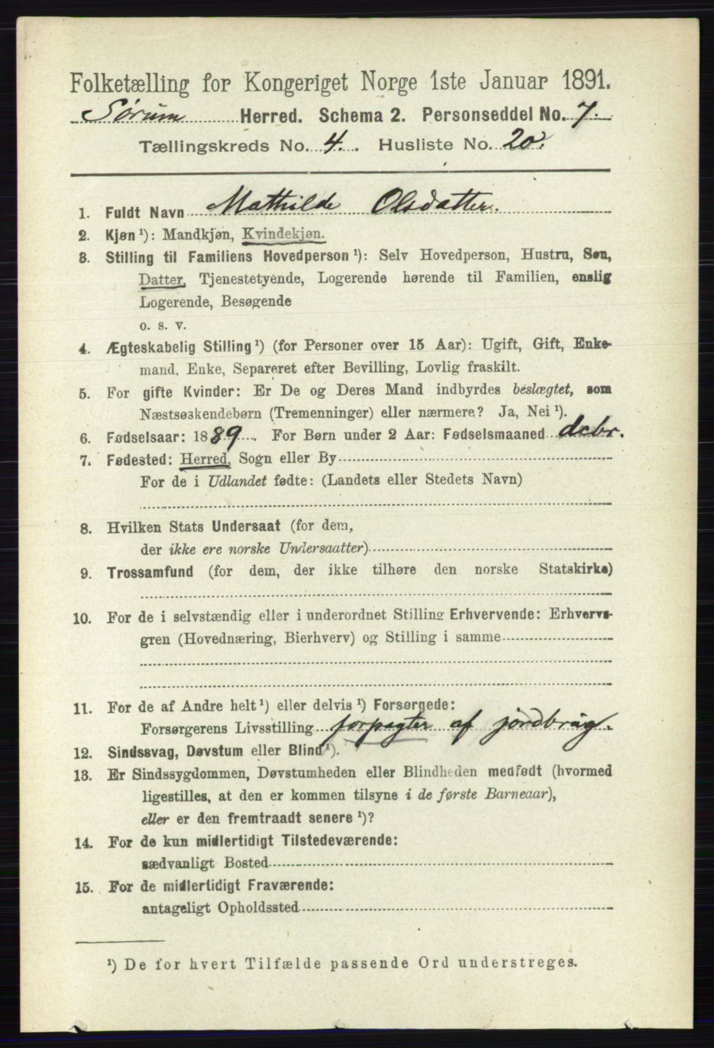 RA, 1891 census for 0226 Sørum, 1891, p. 2012