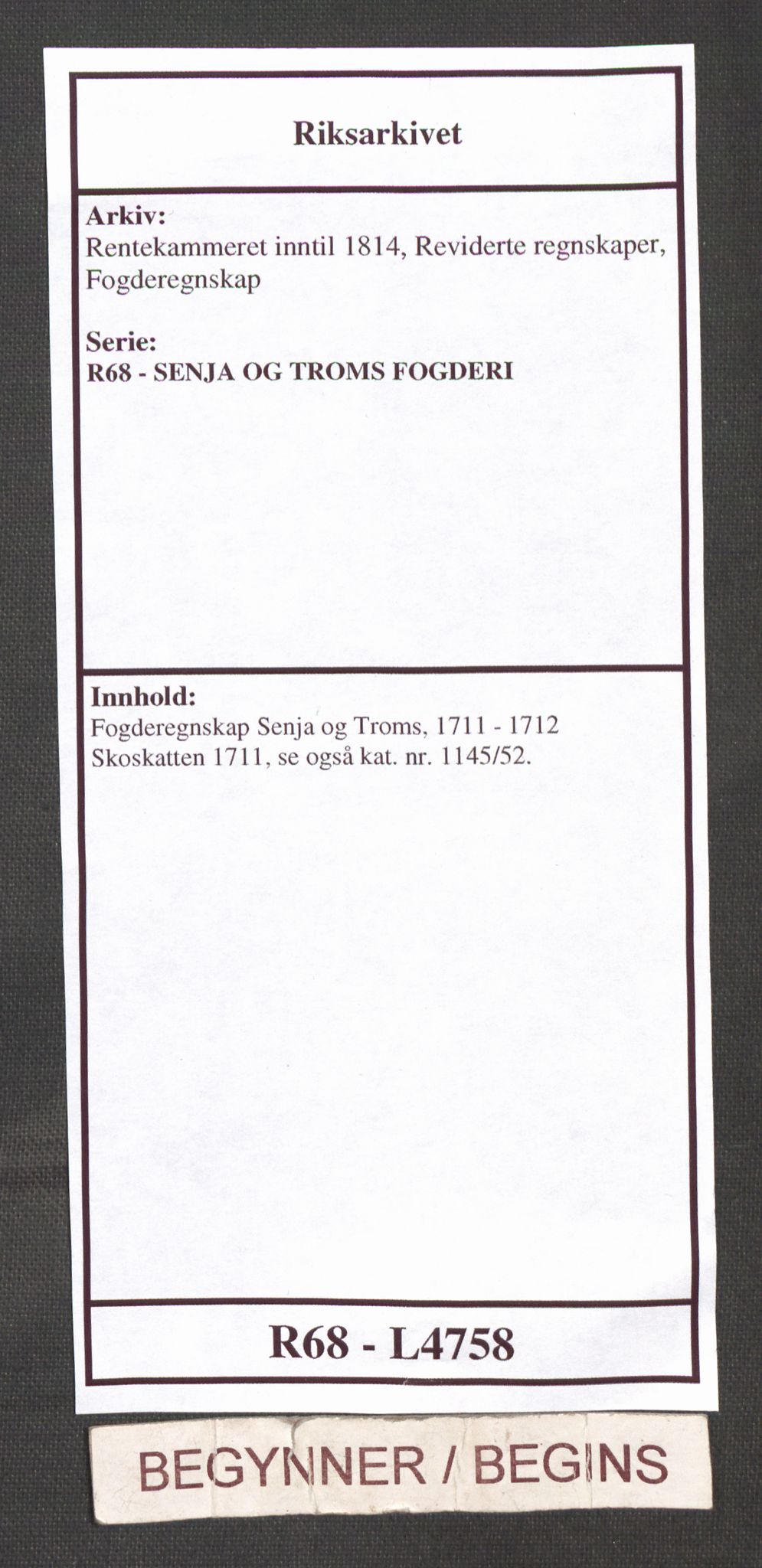 Rentekammeret inntil 1814, Reviderte regnskaper, Fogderegnskap, RA/EA-4092/R68/L4758: Fogderegnskap Senja og Troms, 1711-1712, p. 1
