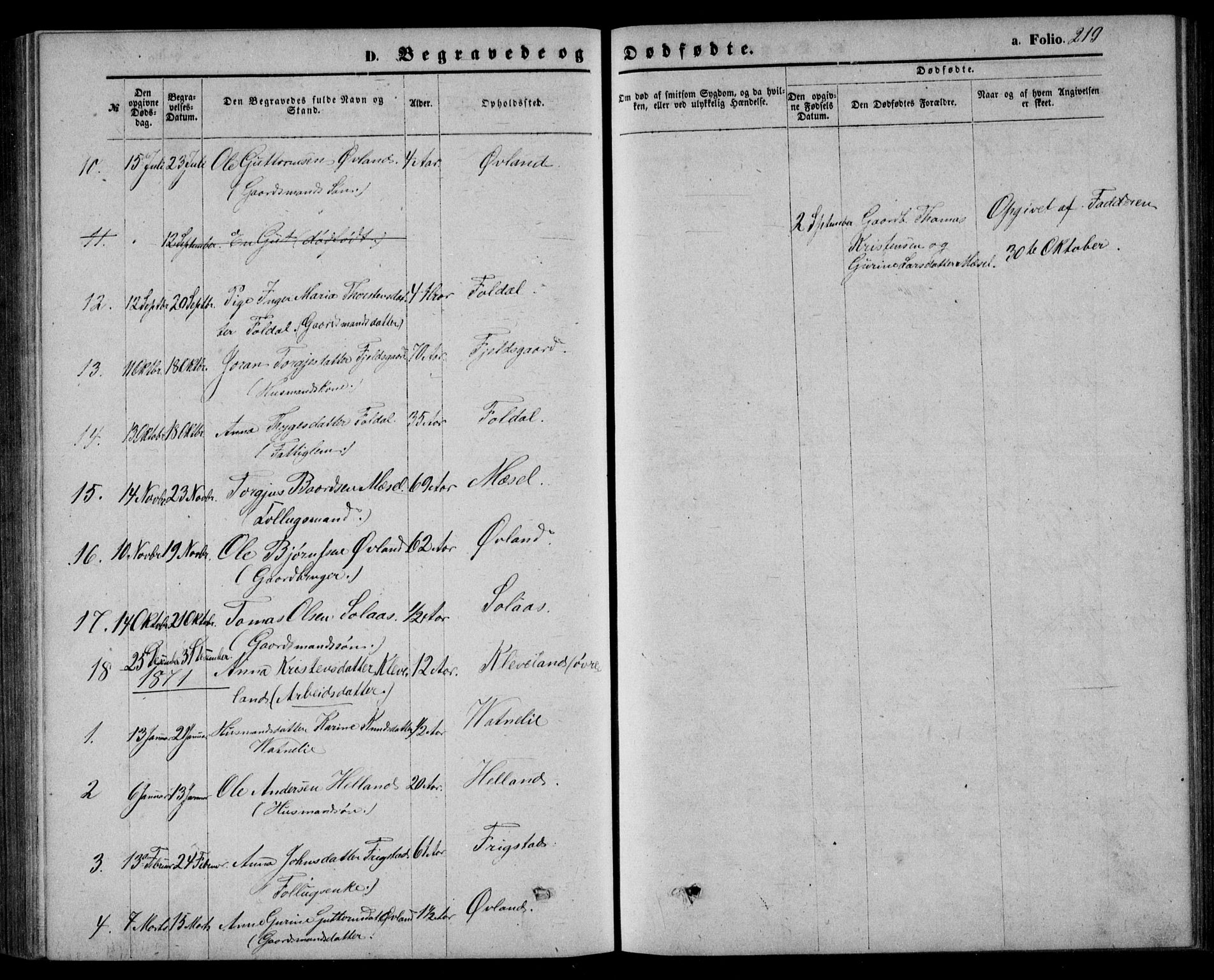 Bjelland sokneprestkontor, AV/SAK-1111-0005/F/Fb/Fbb/L0004: Parish register (copy) no. B 4, 1867-1887, p. 219