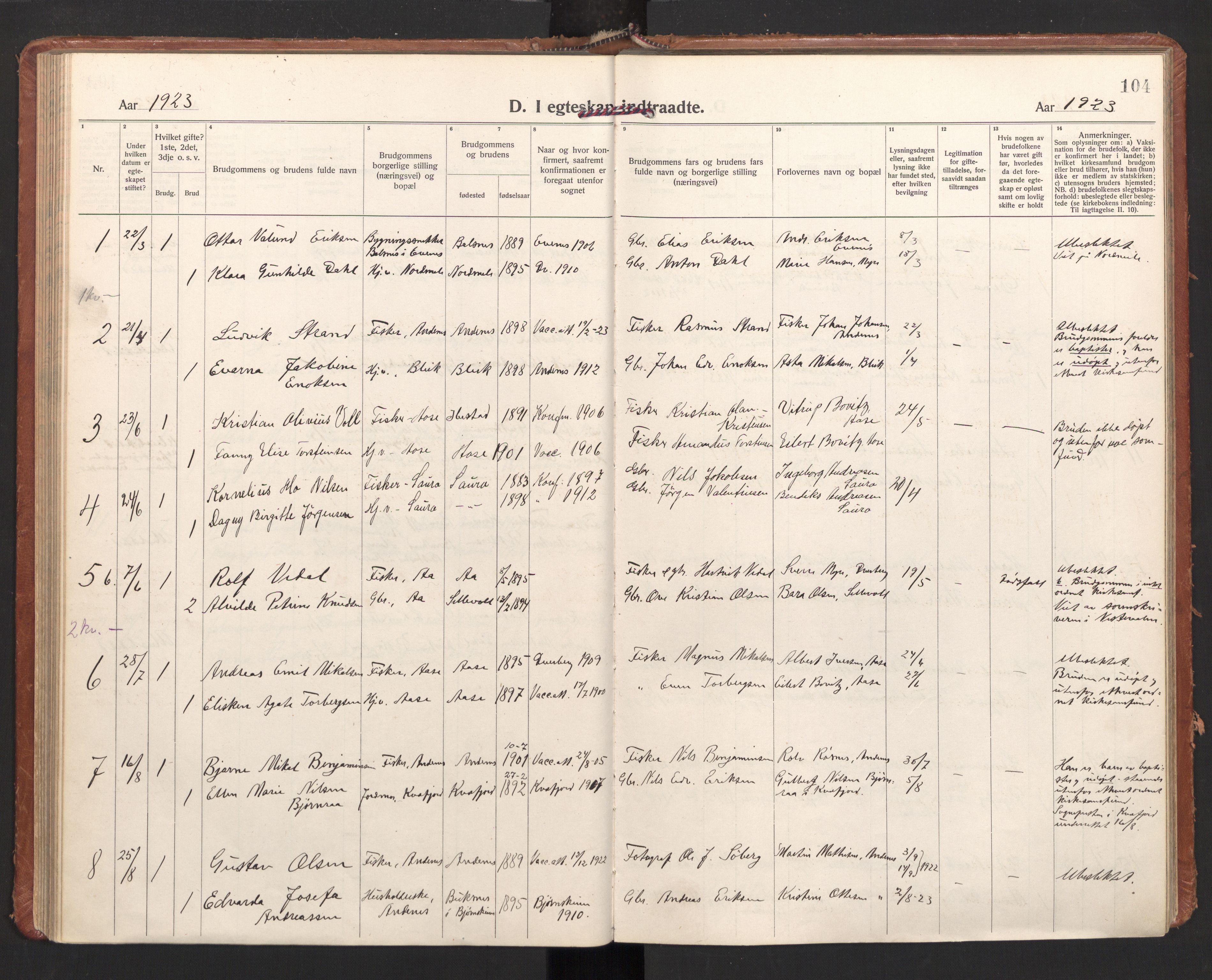 Ministerialprotokoller, klokkerbøker og fødselsregistre - Nordland, AV/SAT-A-1459/897/L1408: Parish register (official) no. 897A15, 1922-1938, p. 104