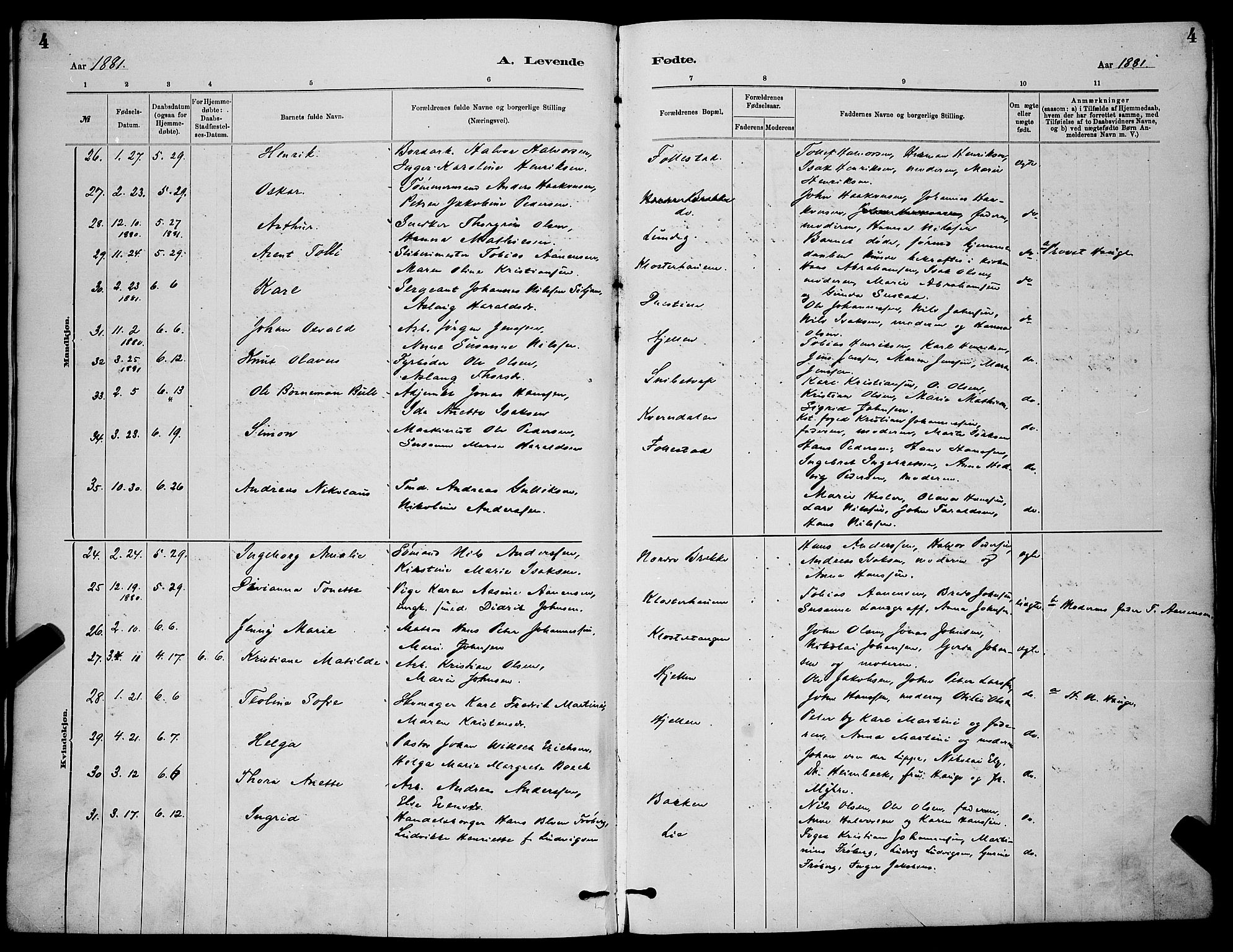 Skien kirkebøker, AV/SAKO-A-302/G/Ga/L0006: Parish register (copy) no. 6, 1881-1890, p. 4