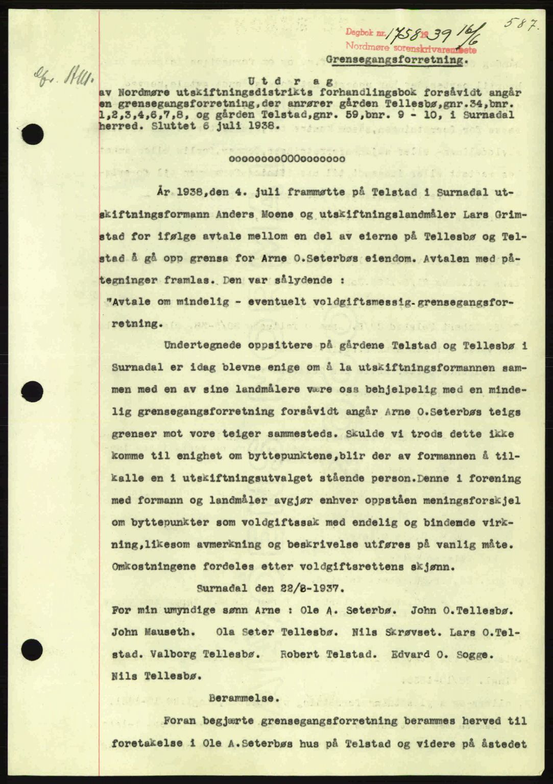 Nordmøre sorenskriveri, AV/SAT-A-4132/1/2/2Ca: Mortgage book no. A86, 1939-1939, Diary no: : 1758/1939