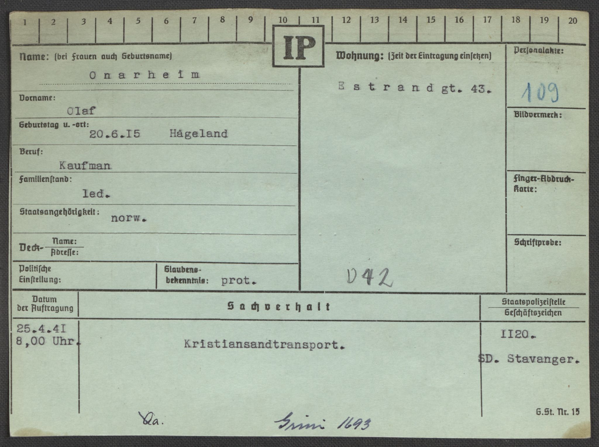 Befehlshaber der Sicherheitspolizei und des SD, RA/RAFA-5969/E/Ea/Eaa/L0008: Register over norske fanger i Møllergata 19: Oelze-Ru, 1940-1945, p. 442