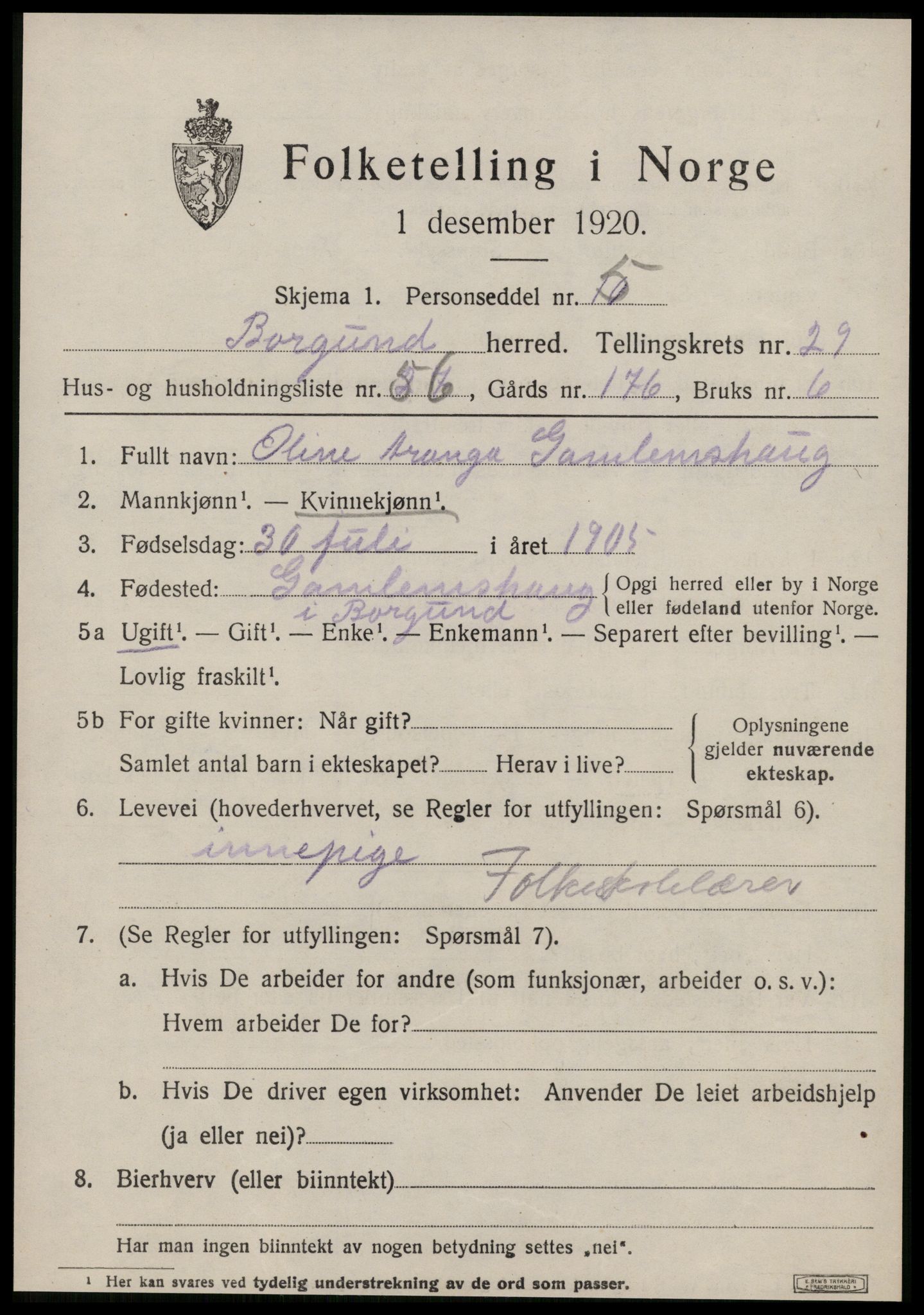 SAT, 1920 census for Borgund, 1920, p. 19328