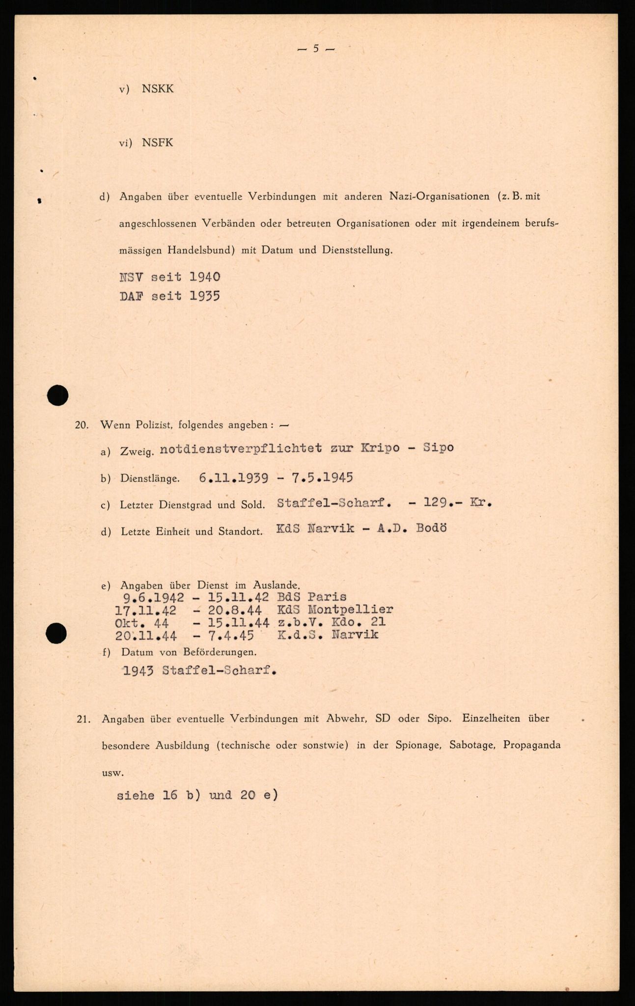 Forsvaret, Forsvarets overkommando II, RA/RAFA-3915/D/Db/L0029: CI Questionaires. Tyske okkupasjonsstyrker i Norge. Tyskere., 1945-1946, p. 307