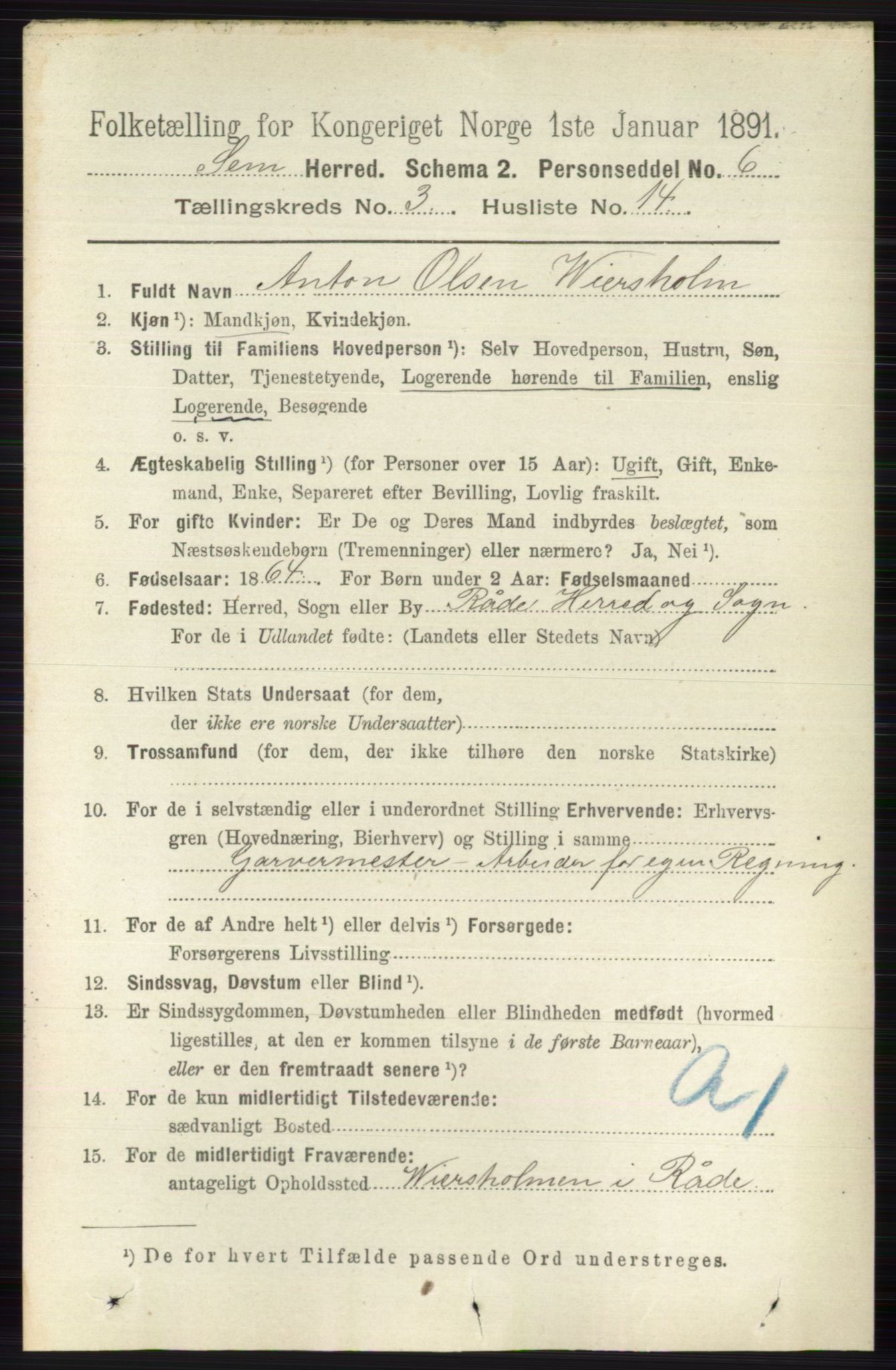 RA, 1891 census for 0721 Sem, 1891, p. 1129