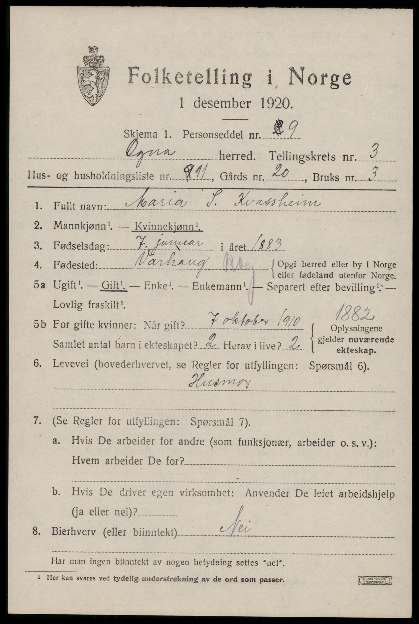 SAST, 1920 census for Ogna, 1920, p. 1897