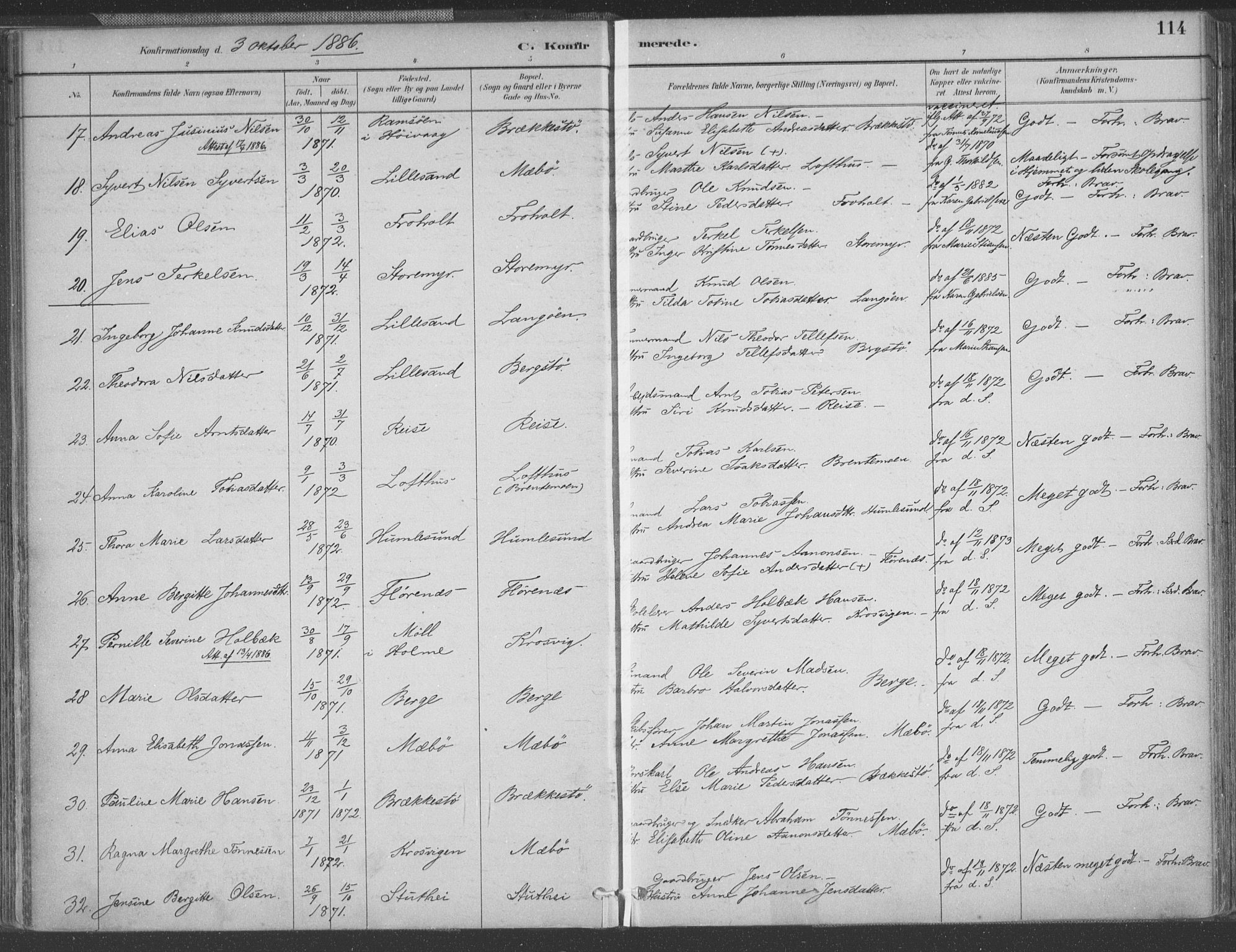 Vestre Moland sokneprestkontor, AV/SAK-1111-0046/F/Fa/Fab/L0009: Parish register (official) no. A 9, 1884-1899, p. 114