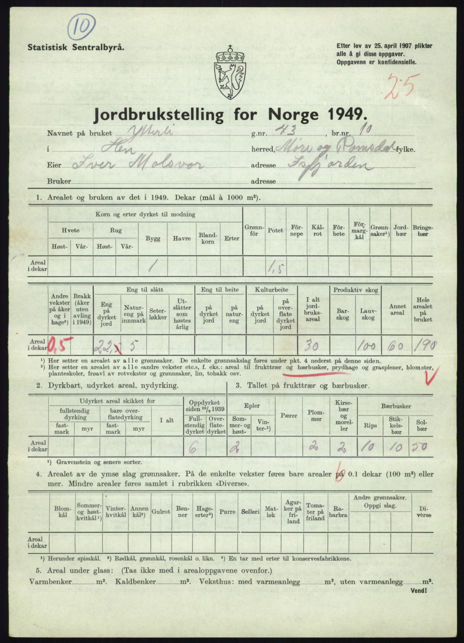 Statistisk sentralbyrå, Næringsøkonomiske emner, Jordbruk, skogbruk, jakt, fiske og fangst, AV/RA-S-2234/G/Gc/L0323: Møre og Romsdal: Grytten og Hen, 1949, p. 627