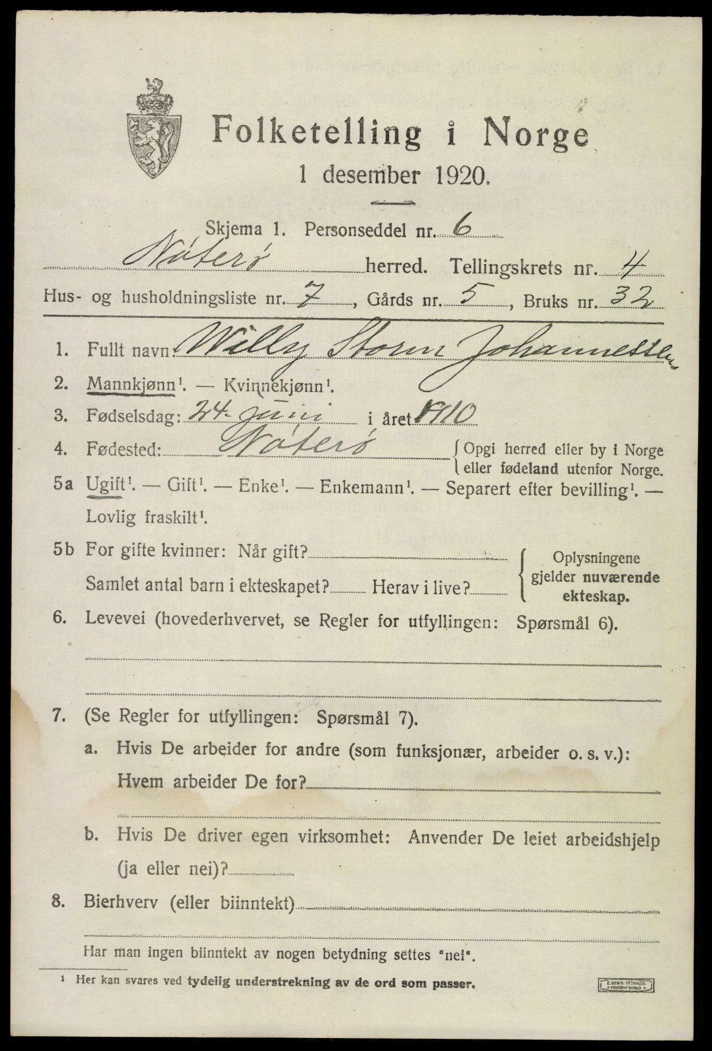 SAKO, 1920 census for Nøtterøy, 1920, p. 6739