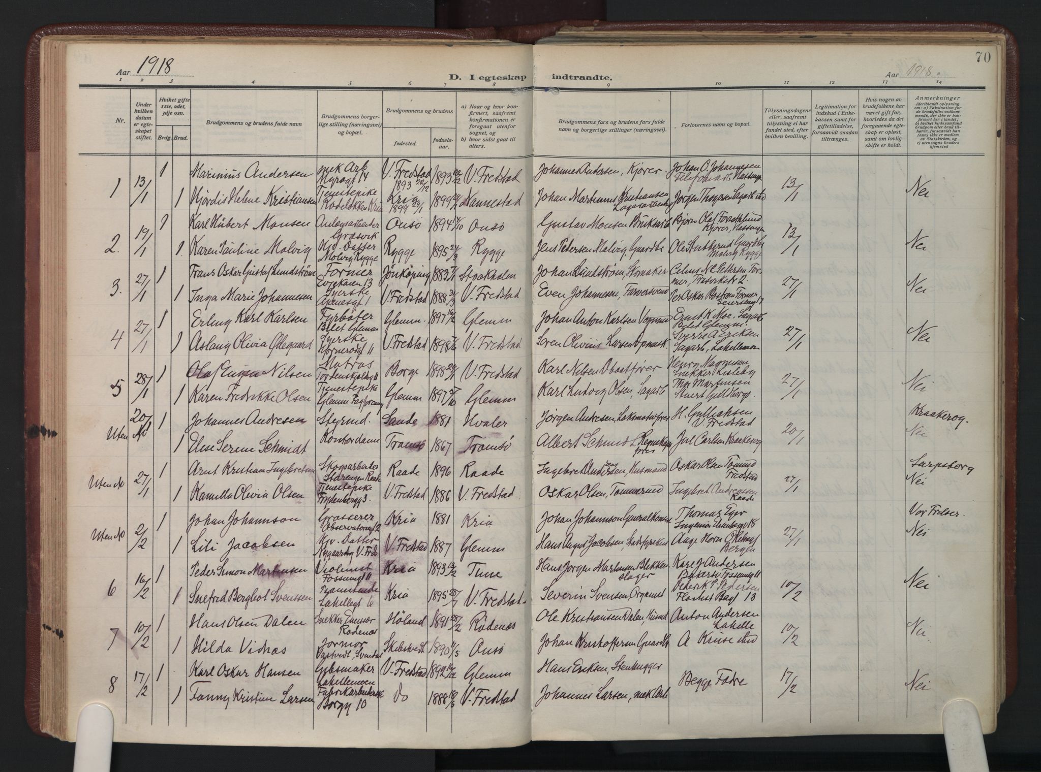 Fredrikstad domkirkes prestekontor Kirkebøker, AV/SAO-A-10906/F/Fa/L0009: Parish register (official) no. I 9, 1908-1946, p. 70