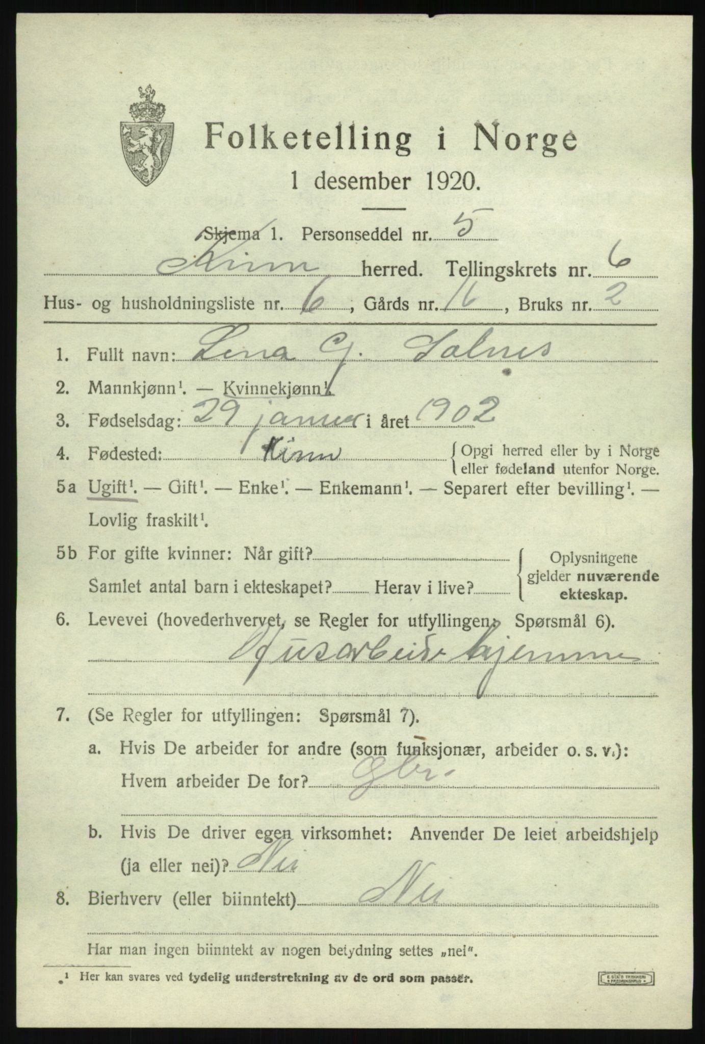 SAB, 1920 census for Kinn, 1920, p. 2825