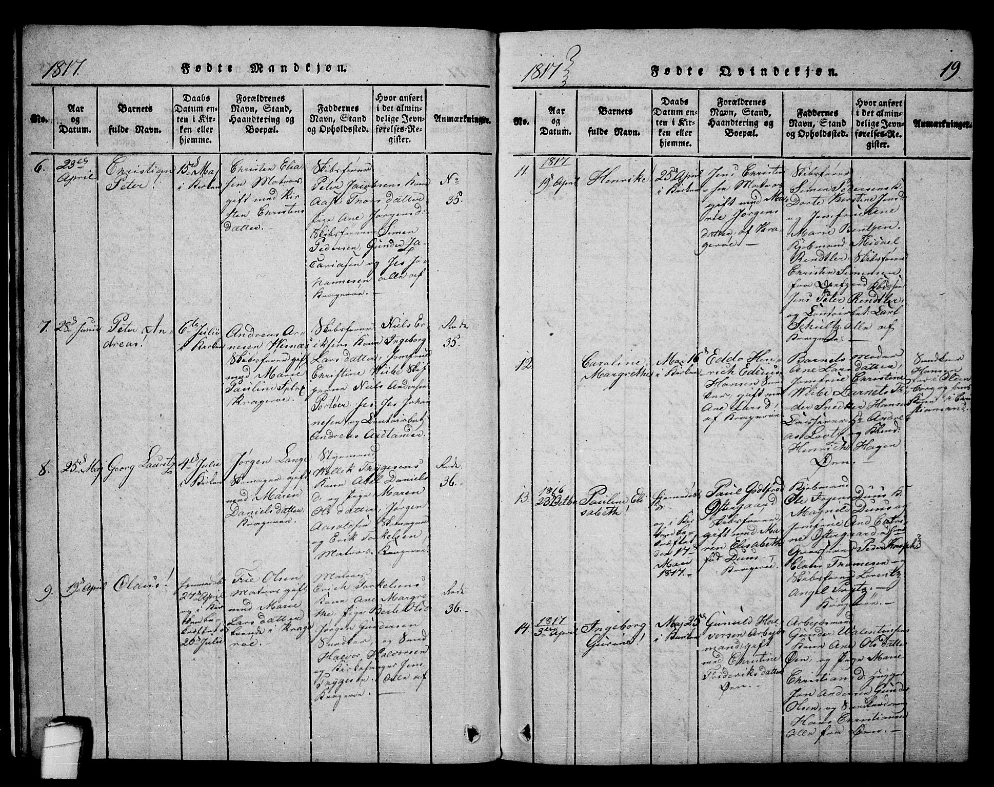 Kragerø kirkebøker, SAKO/A-278/F/Fa/L0004: Parish register (official) no. 4, 1814-1831, p. 19