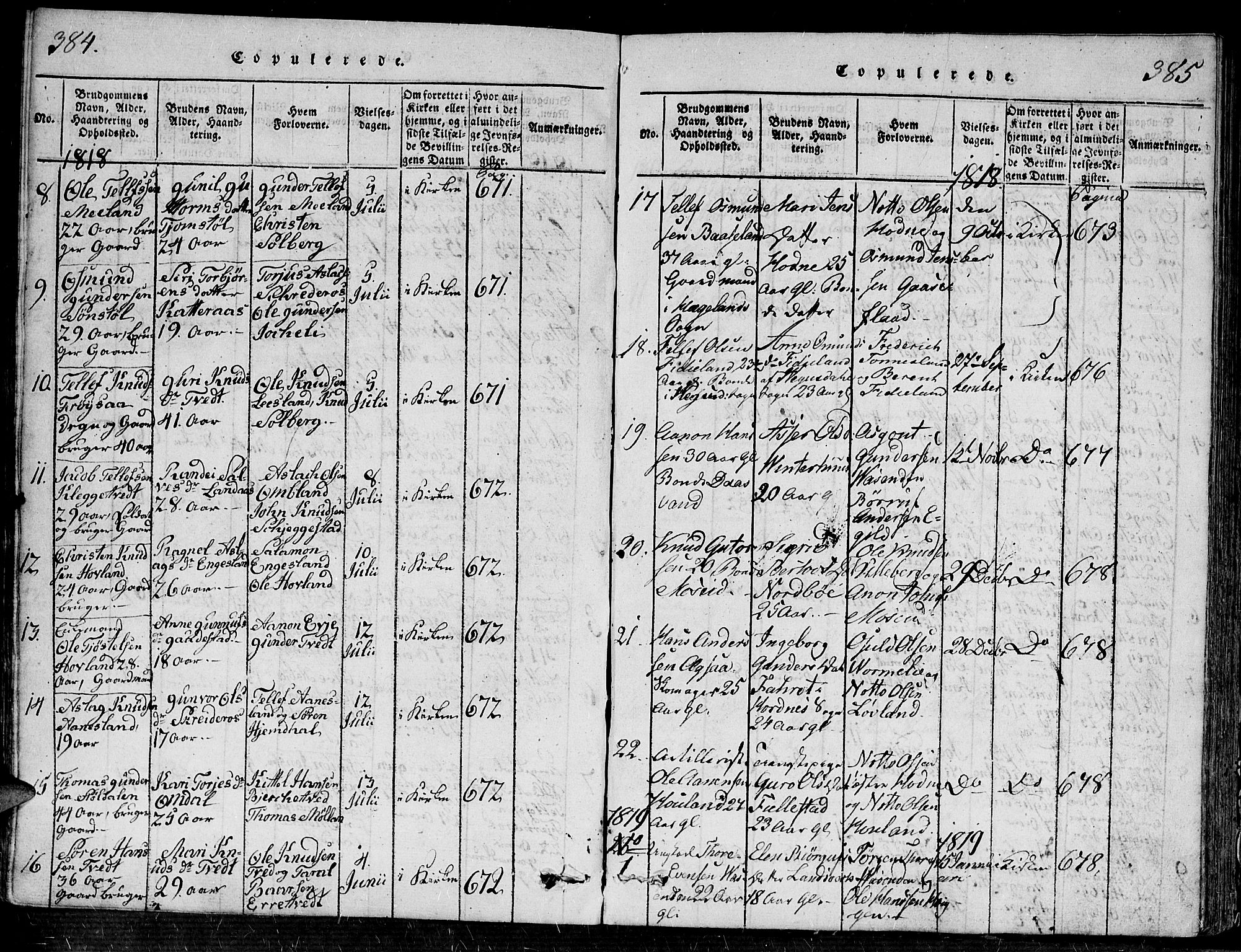 Evje sokneprestkontor, SAK/1111-0008/F/Fa/Faa/L0004: Parish register (official) no. A 4, 1816-1840, p. 384-385