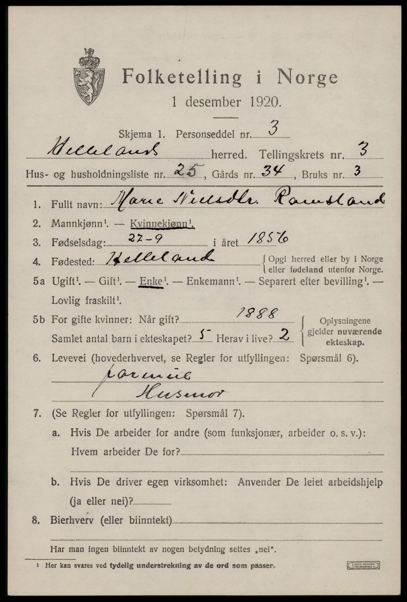 SAST, 1920 census for Helleland, 1920, p. 1961