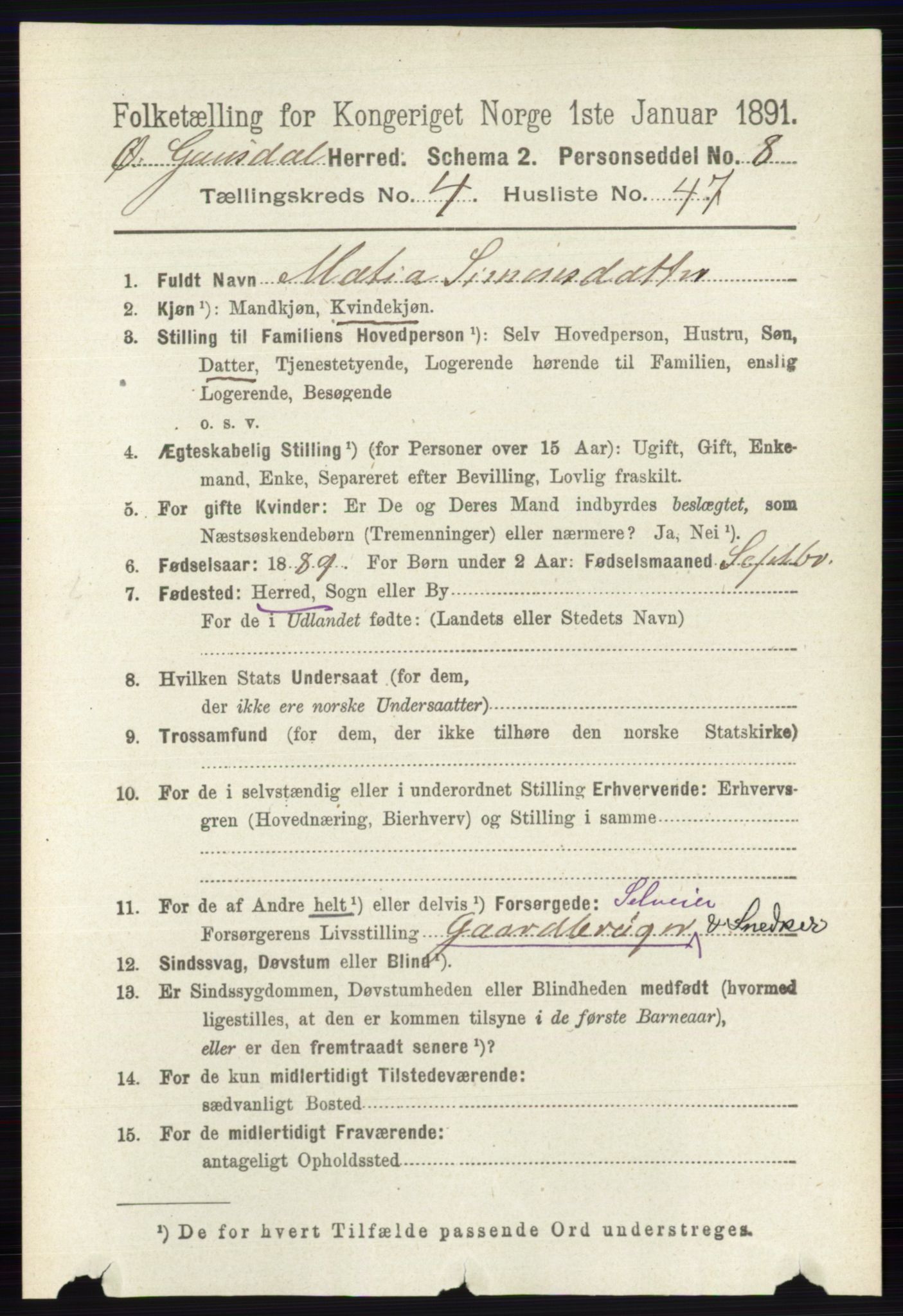 RA, 1891 census for 0522 Østre Gausdal, 1891, p. 2814