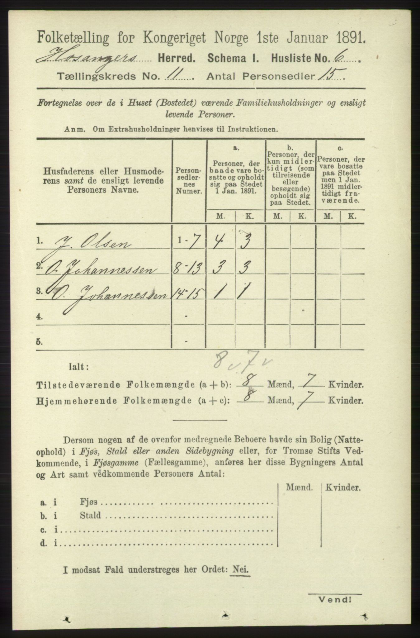 RA, 1891 census for 1253 Hosanger, 1891, p. 3664