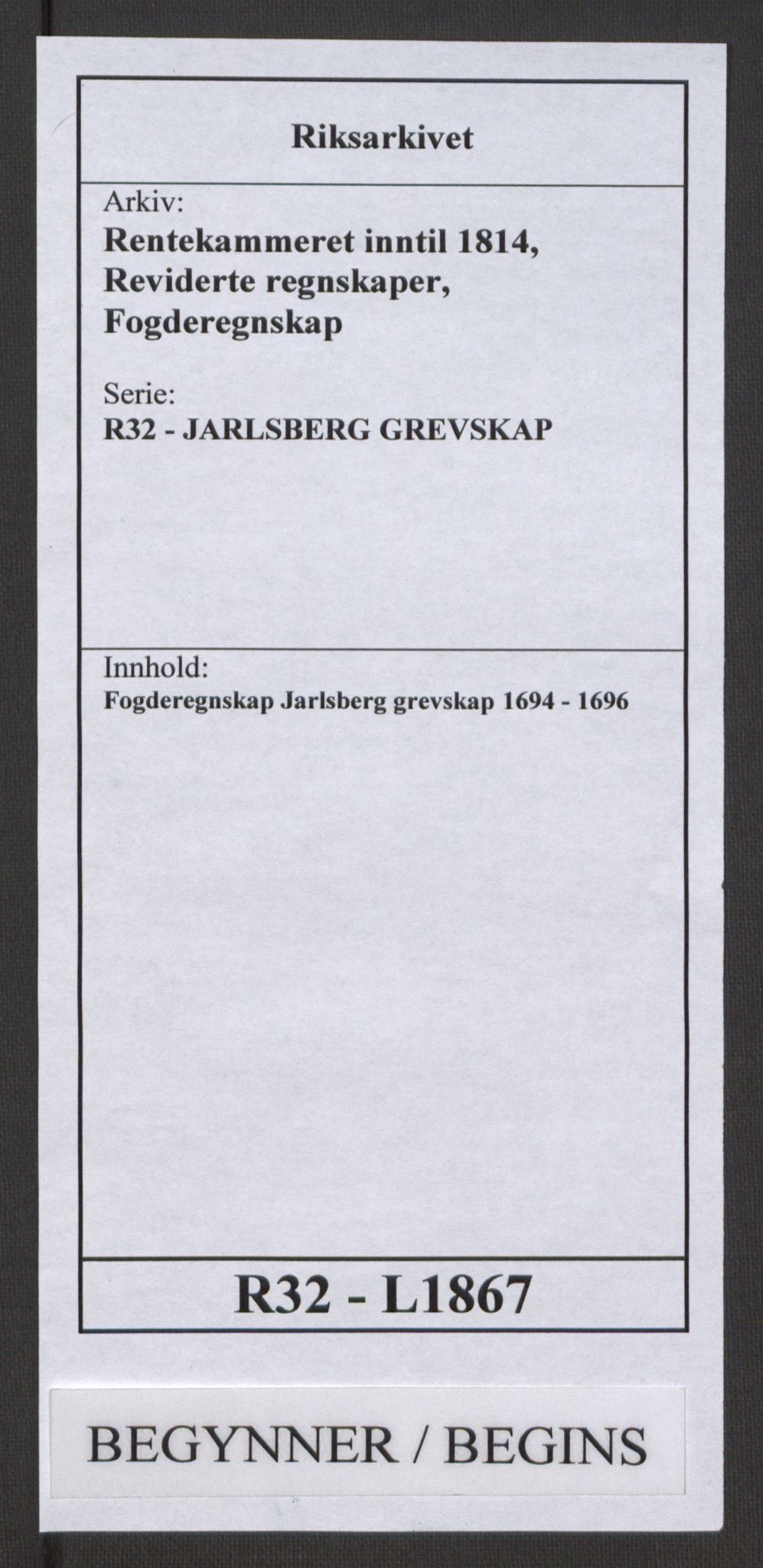Rentekammeret inntil 1814, Reviderte regnskaper, Fogderegnskap, RA/EA-4092/R32/L1867: Fogderegnskap Jarlsberg grevskap, 1694-1696, p. 1