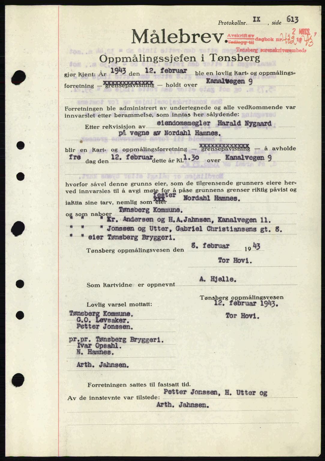 Tønsberg sorenskriveri, AV/SAKO-A-130/G/Ga/Gaa/L0012: Mortgage book no. A12, 1942-1943, Diary no: : 432/1943