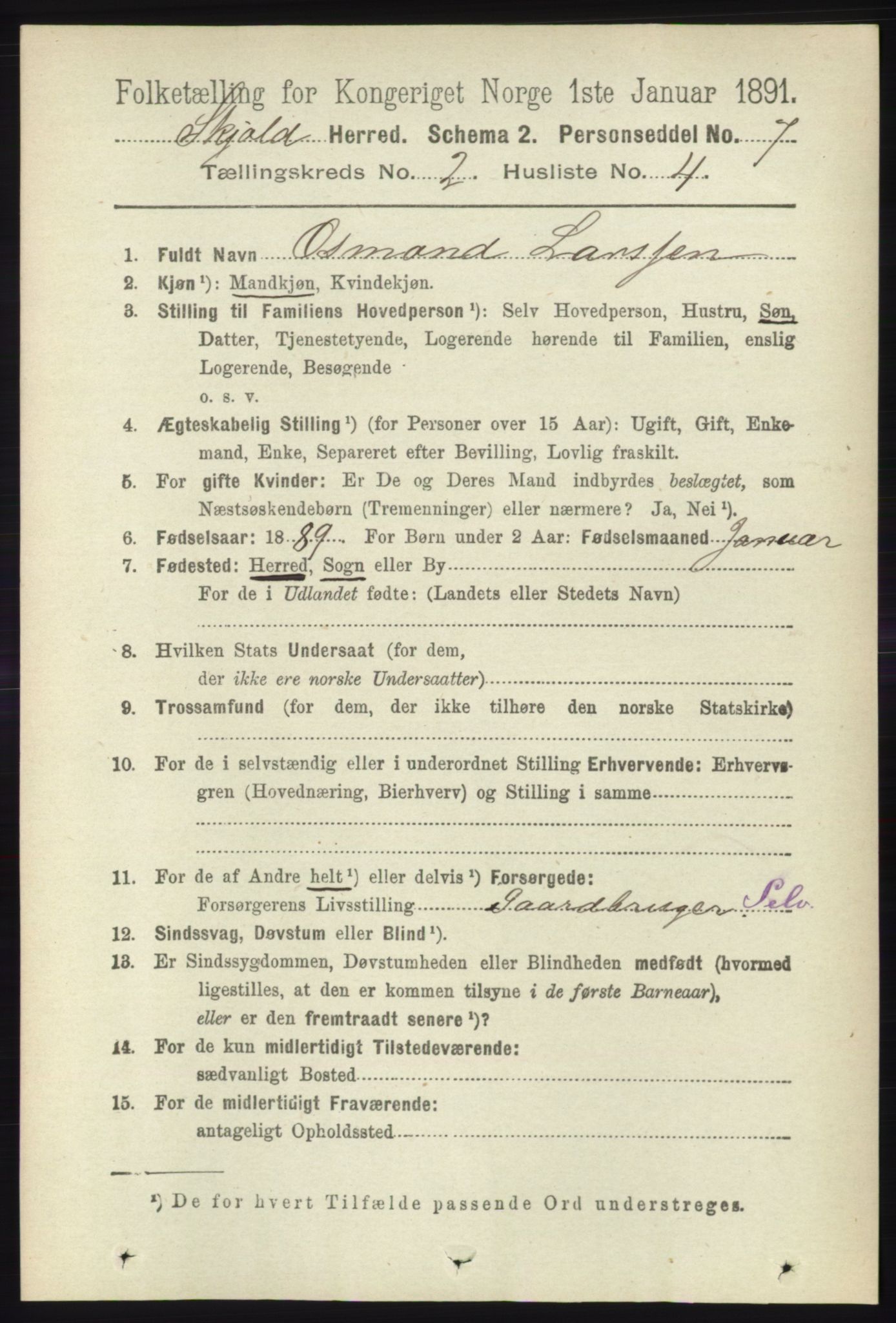 RA, 1891 census for 1154 Skjold, 1891, p. 305