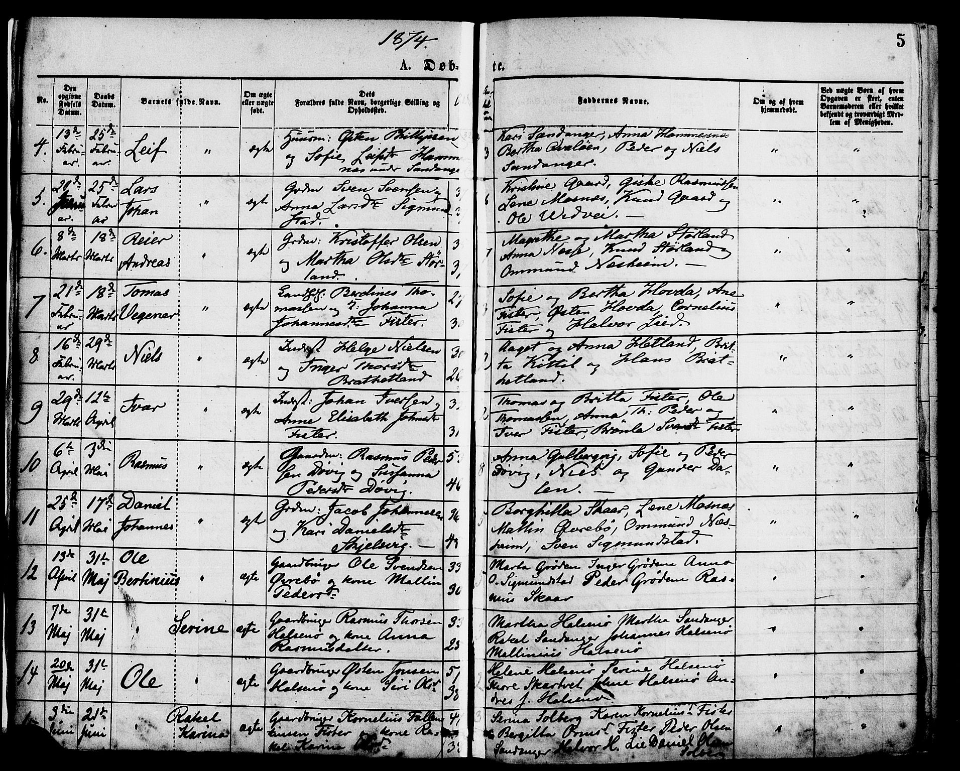 Hjelmeland sokneprestkontor, AV/SAST-A-101843/01/IV/L0013: Parish register (official) no. A 13, 1872-1886, p. 5