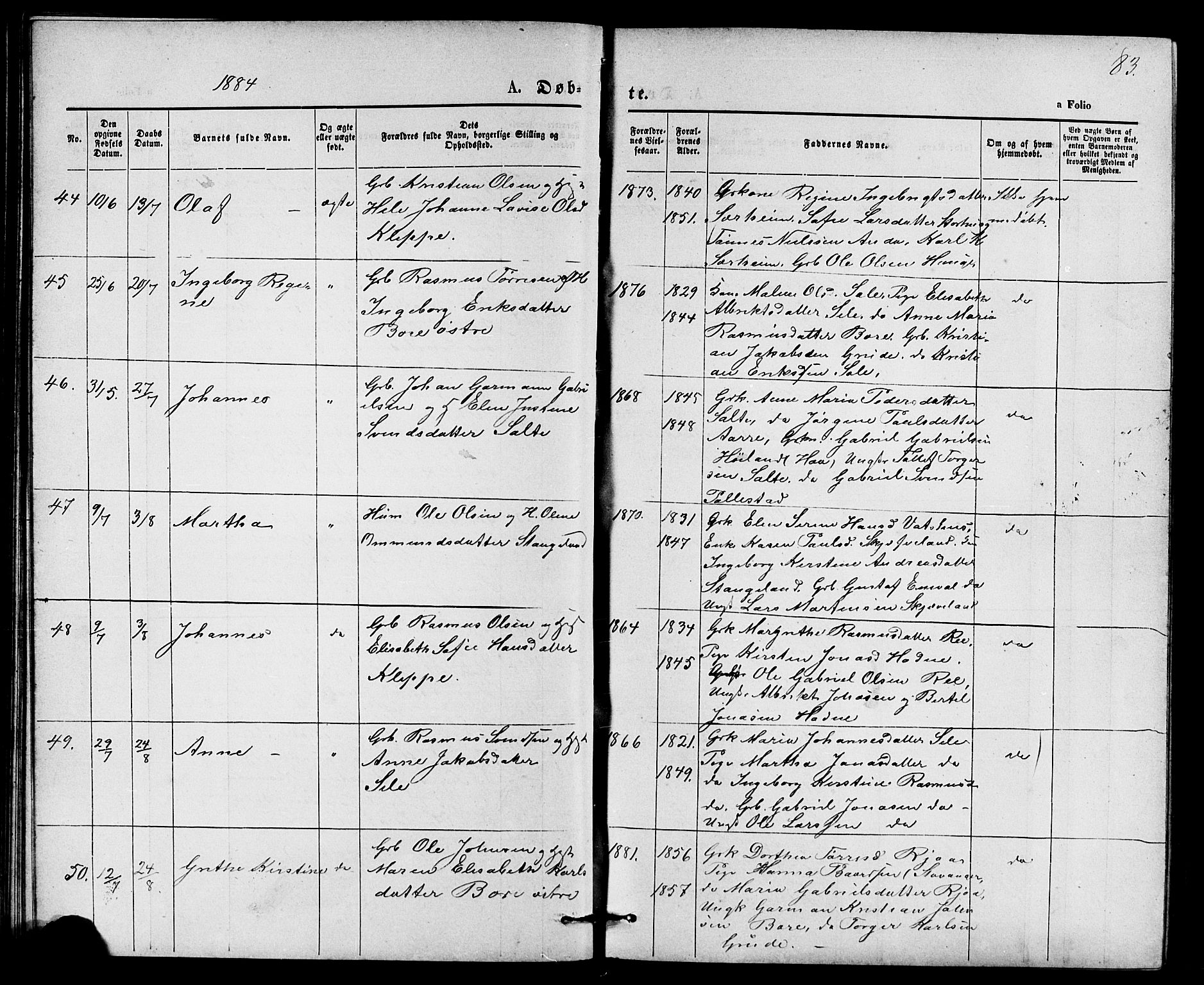 Klepp sokneprestkontor, AV/SAST-A-101803/001/3/30BB/L0003: Parish register (copy) no. B 3, 1876-1888, p. 83