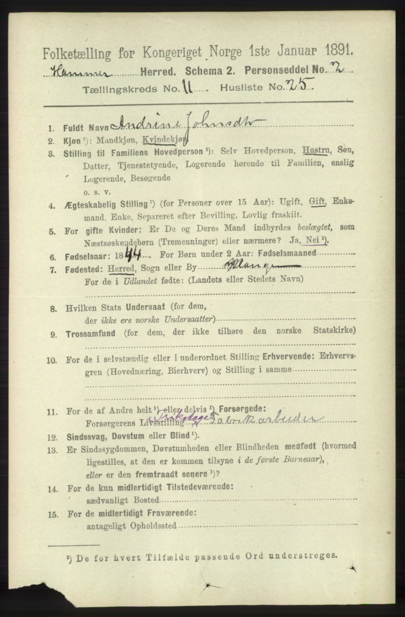 RA, 1891 census for 1254 Hamre, 1891, p. 3401