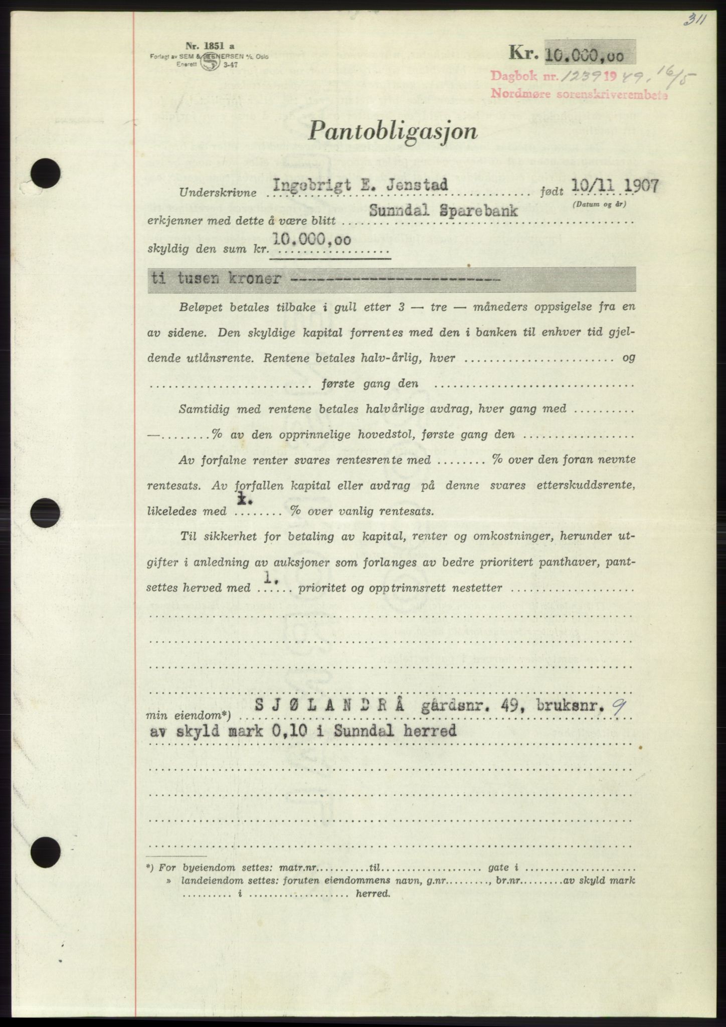 Nordmøre sorenskriveri, AV/SAT-A-4132/1/2/2Ca: Mortgage book no. B101, 1949-1949, Diary no: : 1239/1949