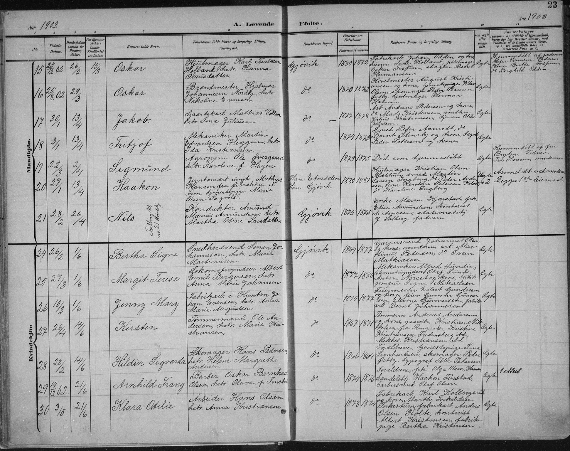 Vardal prestekontor, AV/SAH-PREST-100/H/Ha/Haa/L0013: Parish register (official) no. 13, 1901-1911, p. 23