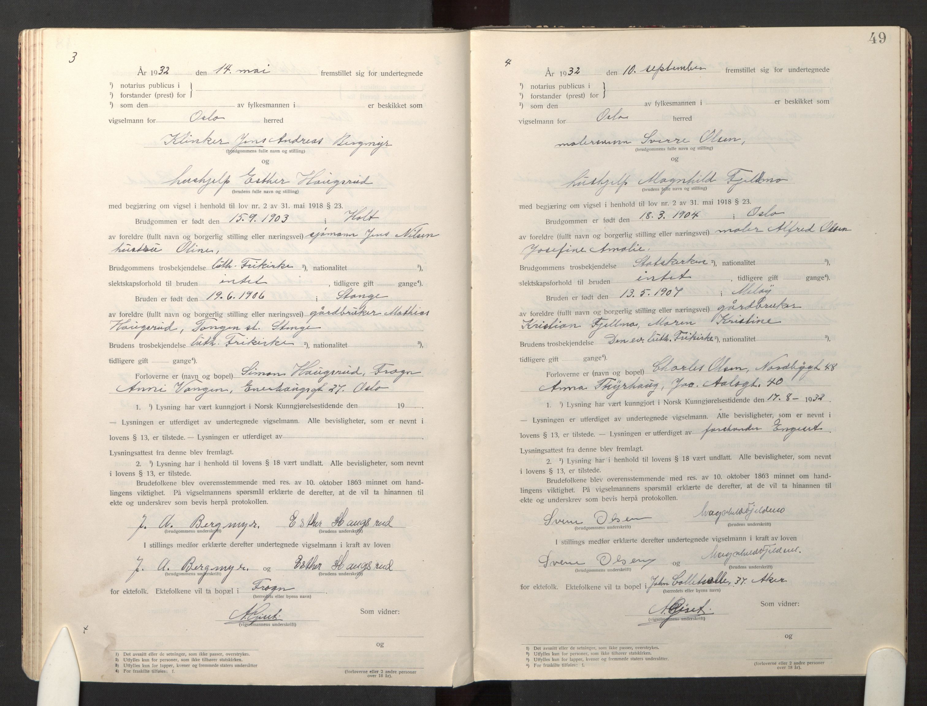 Den evangelisk-lutherske frikirke østre menighet, Oslo, AV/SAO-PAO-0245/F/L0005: Marriage register (dissenter) no. 5, 1920-1941, p. 49