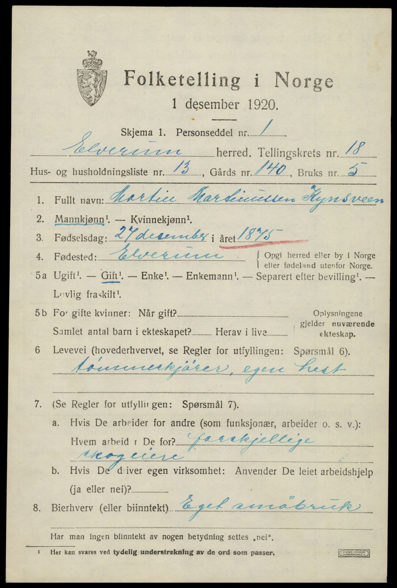 SAH, 1920 census for Elverum, 1920, p. 22212