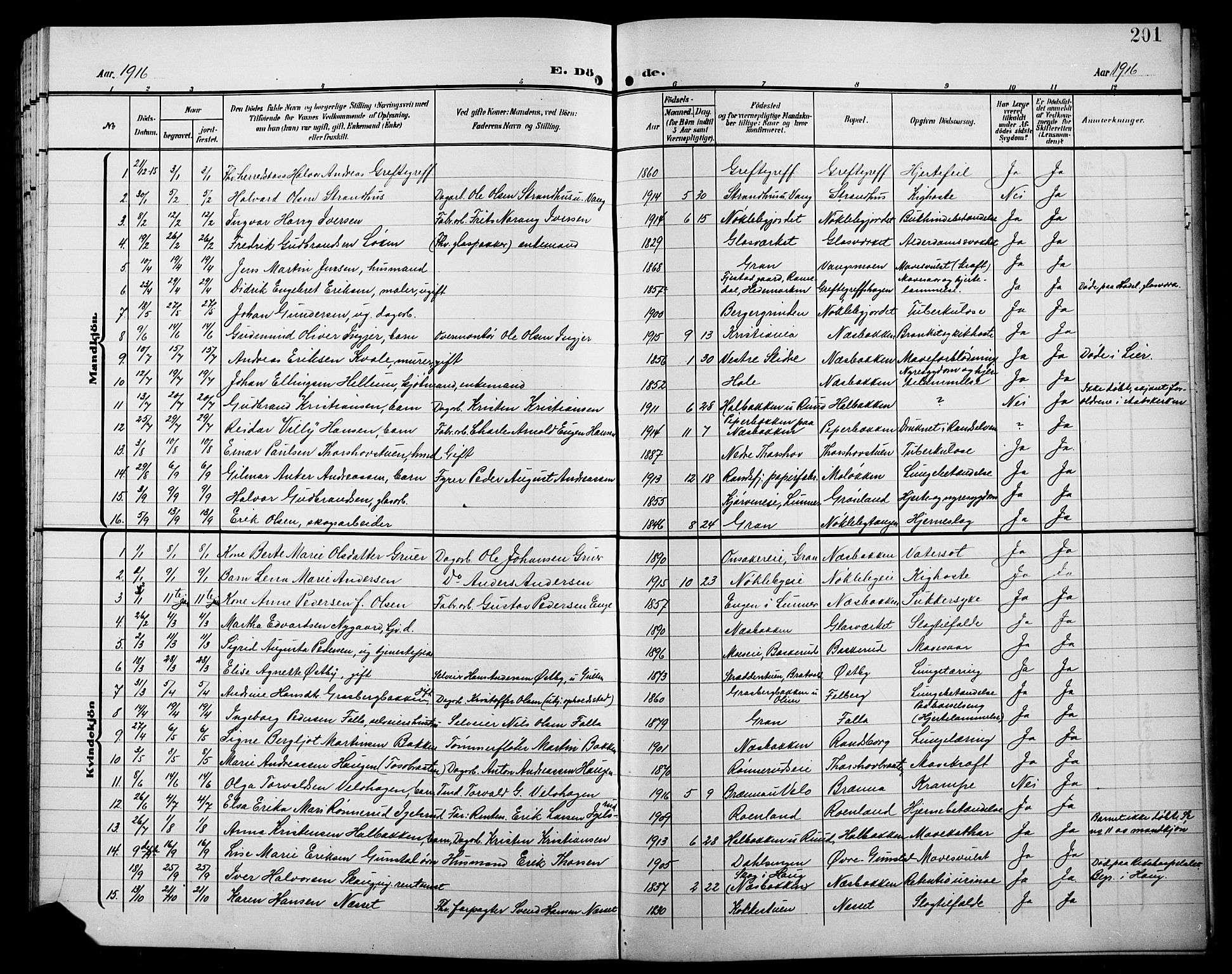 Jevnaker prestekontor, SAH/PREST-116/H/Ha/Hab/L0004: Parish register (copy) no. 4, 1907-1918, p. 201