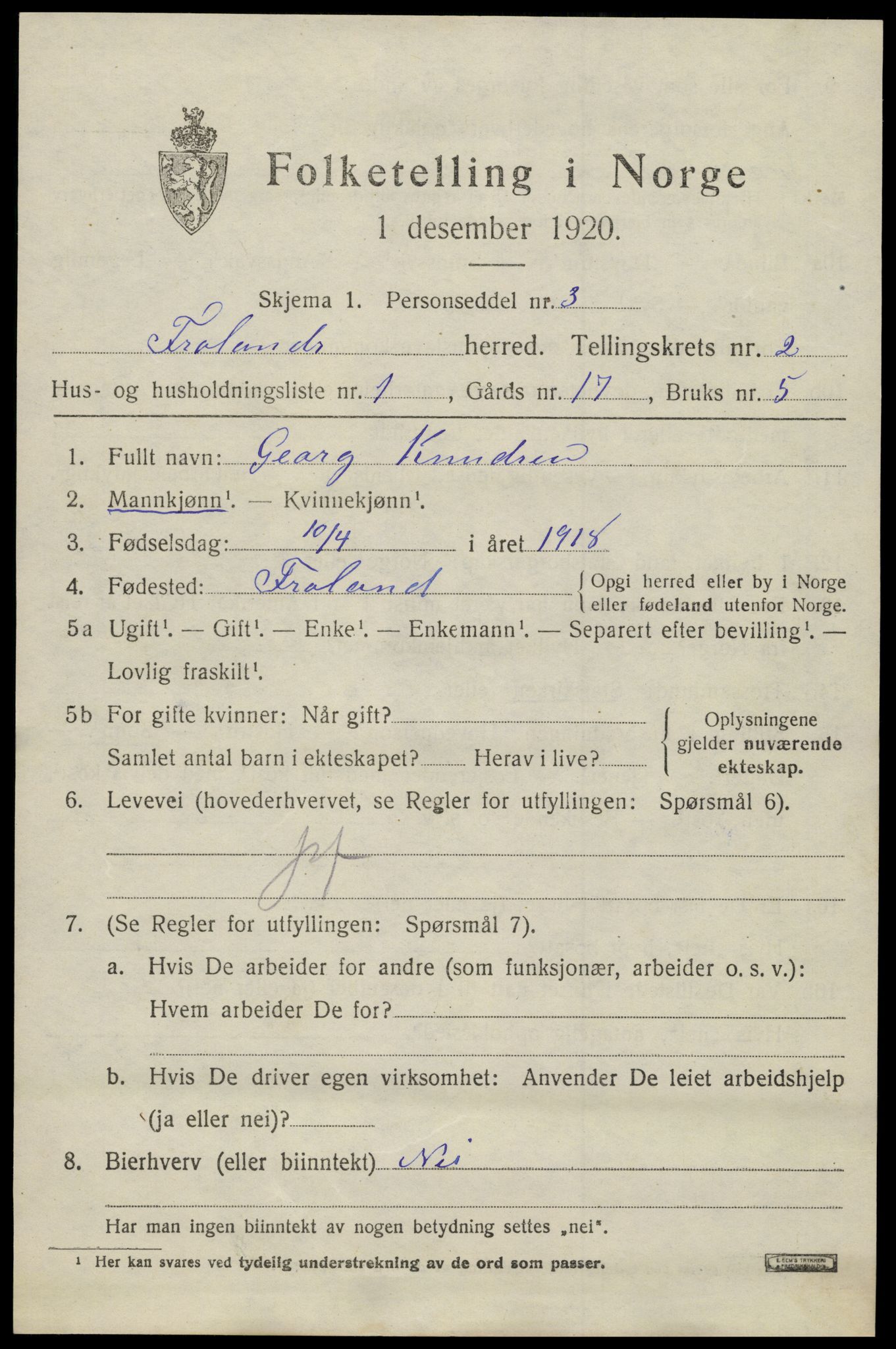 SAK, 1920 census for Froland, 1920, p. 1873