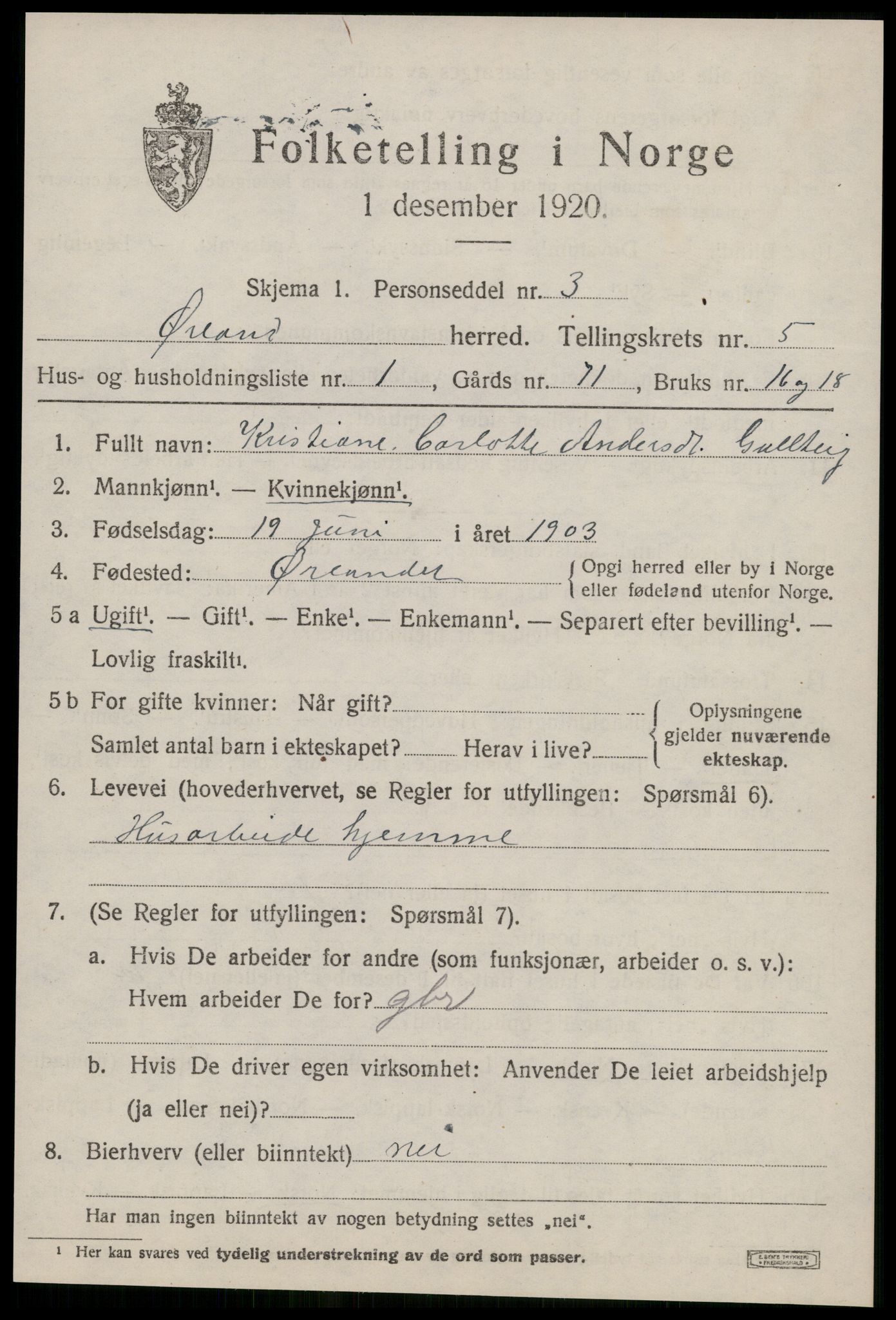 SAT, 1920 census for Ørland, 1920, p. 4487