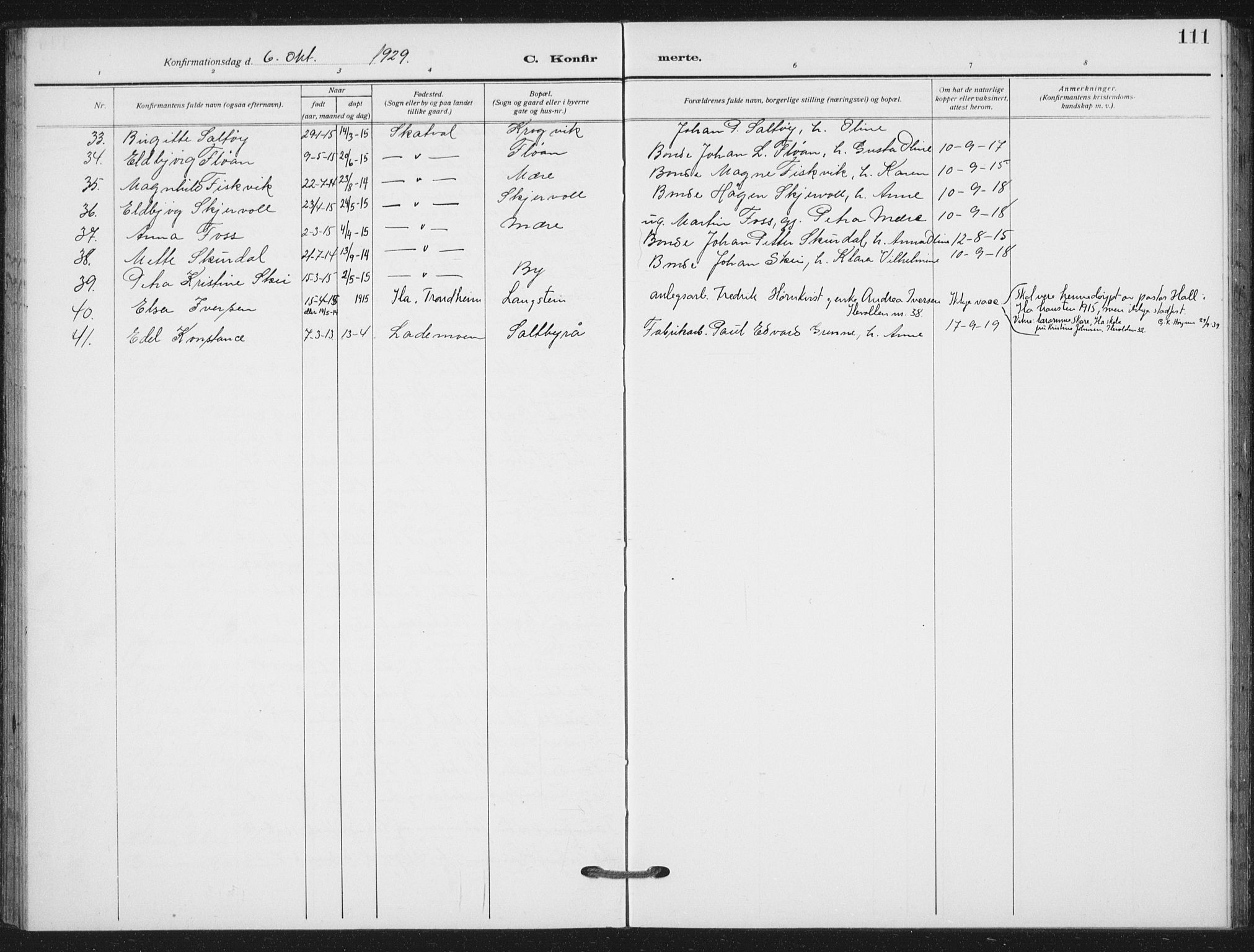 Ministerialprotokoller, klokkerbøker og fødselsregistre - Nord-Trøndelag, AV/SAT-A-1458/712/L0102: Parish register (official) no. 712A03, 1916-1929, p. 111