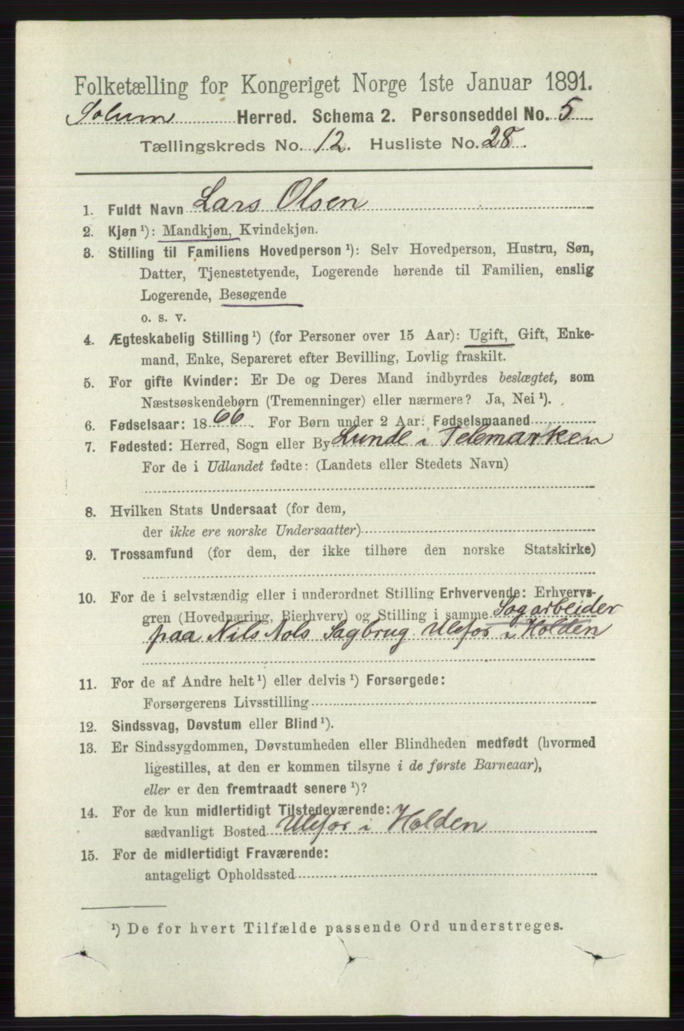 RA, 1891 census for 0818 Solum, 1891, p. 5749