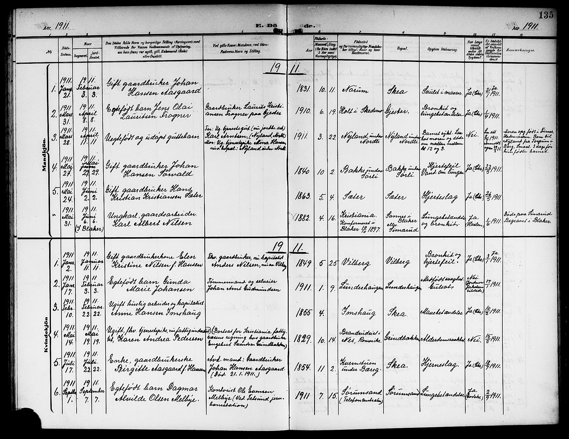 Sørum prestekontor Kirkebøker, AV/SAO-A-10303/G/Ga/L0007: Parish register (copy) no. I 7, 1907-1917, p. 135